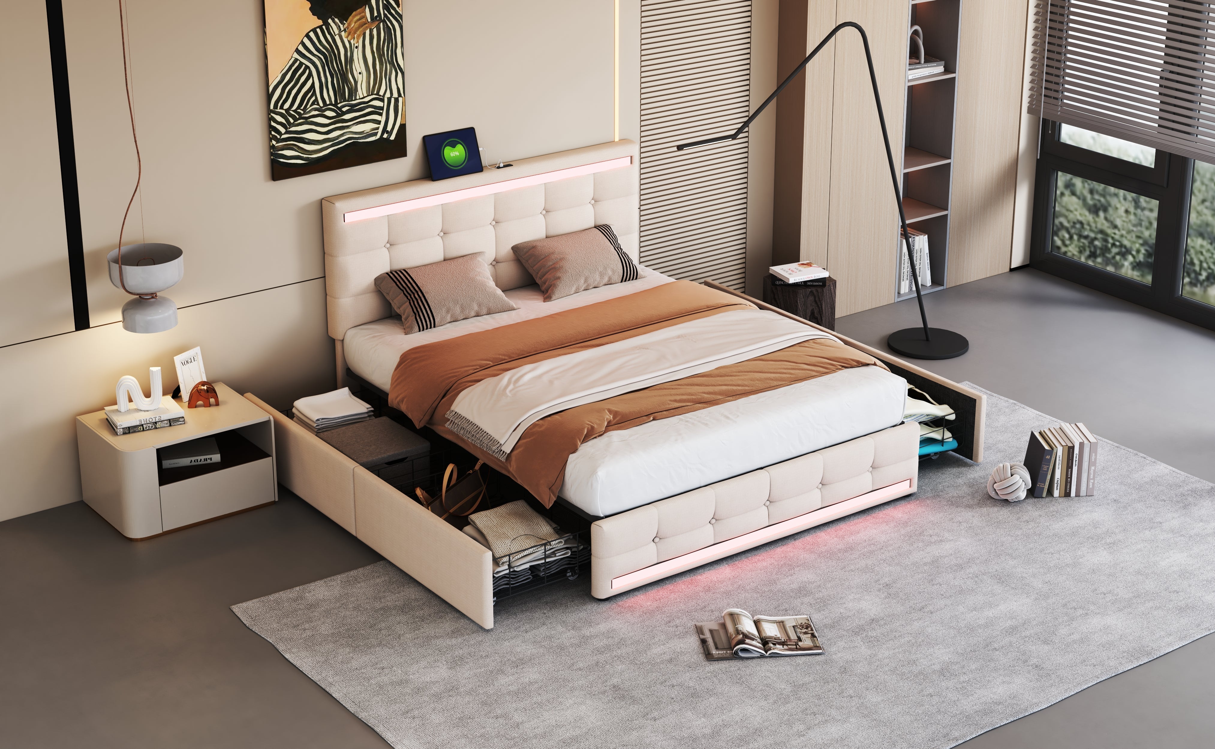 Logidon gestoffeerd bed 140x200 beige met LED-verlichting, 4 lades, USB