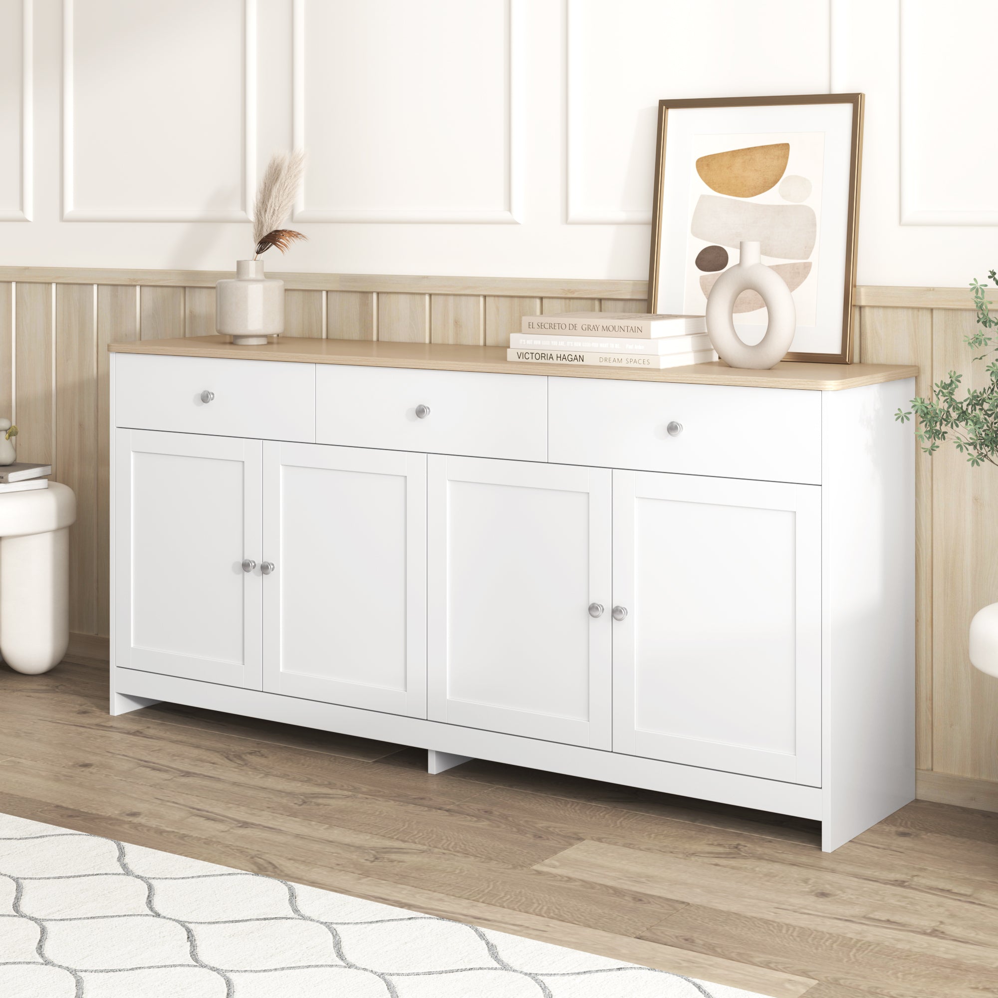 Logidon Sideboard 160 cm White Wood Grain Four Doors Three Drawers