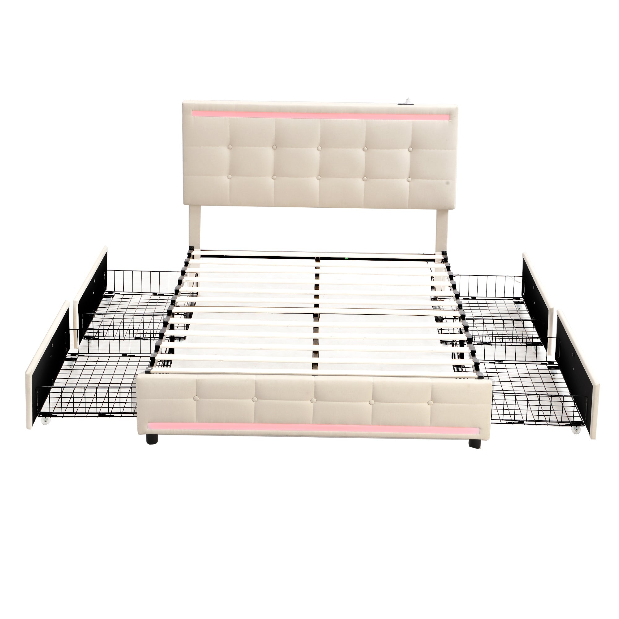 Logidon gestoffeerd bed 140x200 beige met LED-verlichting, 4 lades, USB