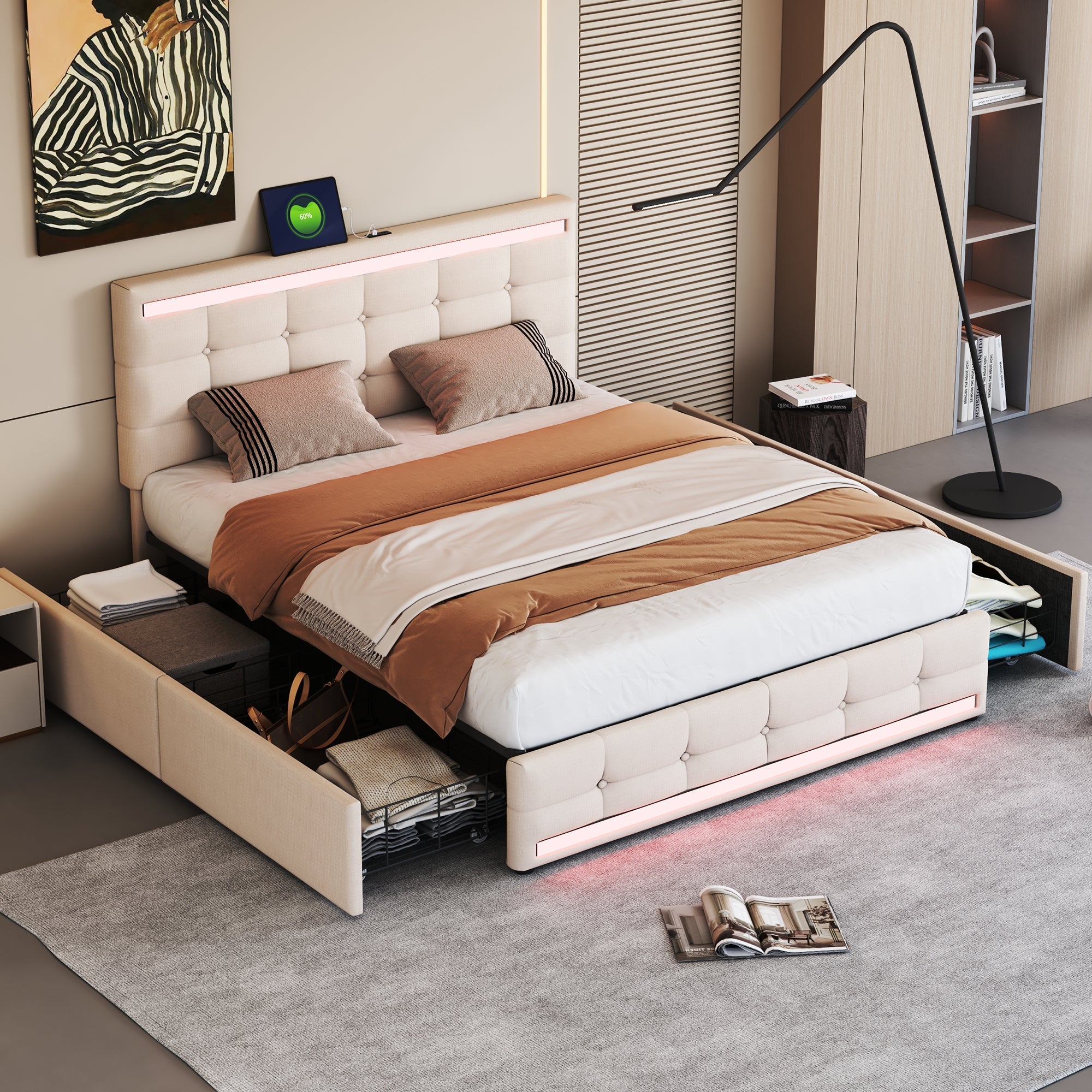 Logidon gestoffeerd bed 140x200 beige met LED-verlichting, 4 lades, USB