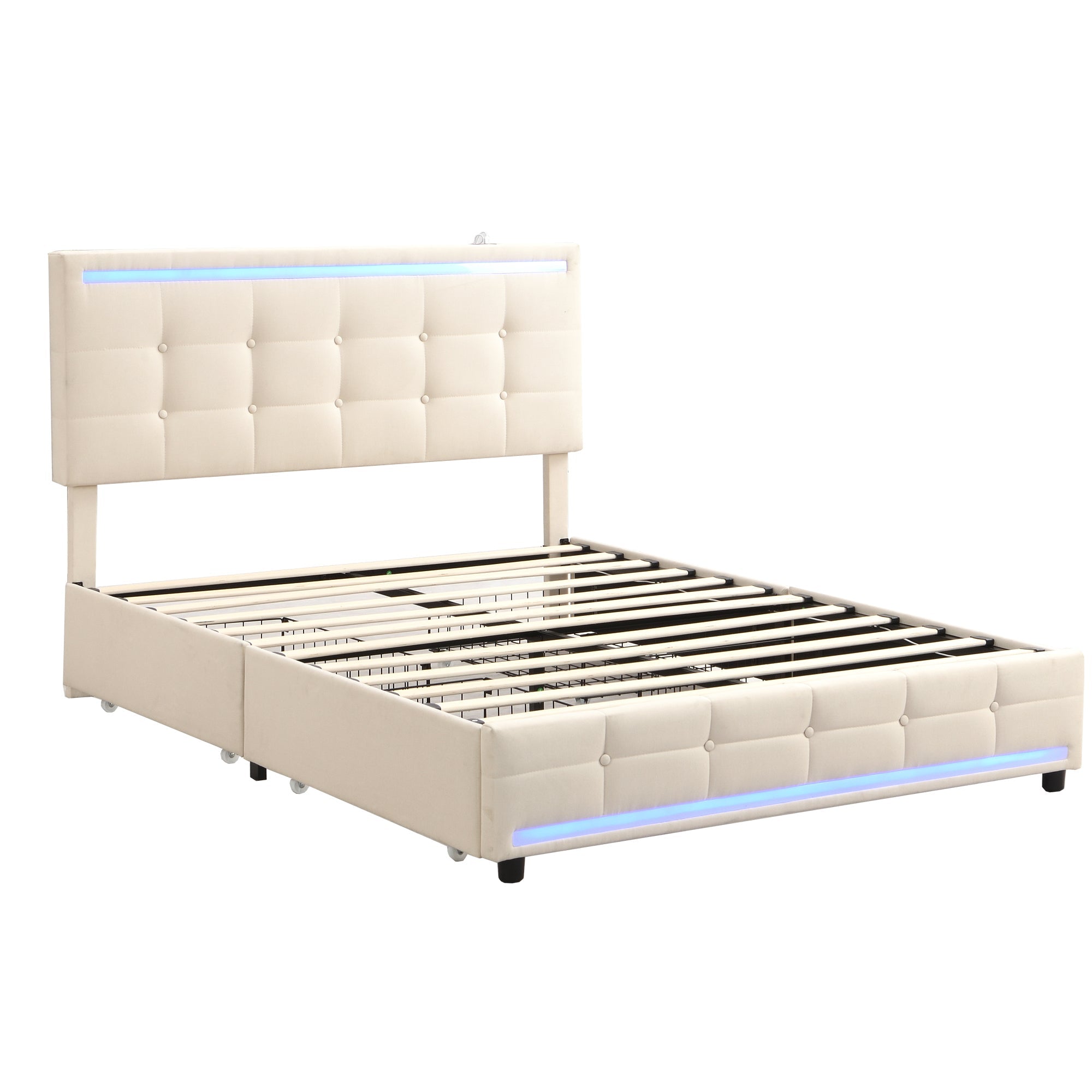 Logidon gestoffeerd bed 140x200 beige met LED-verlichting, 4 lades, USB