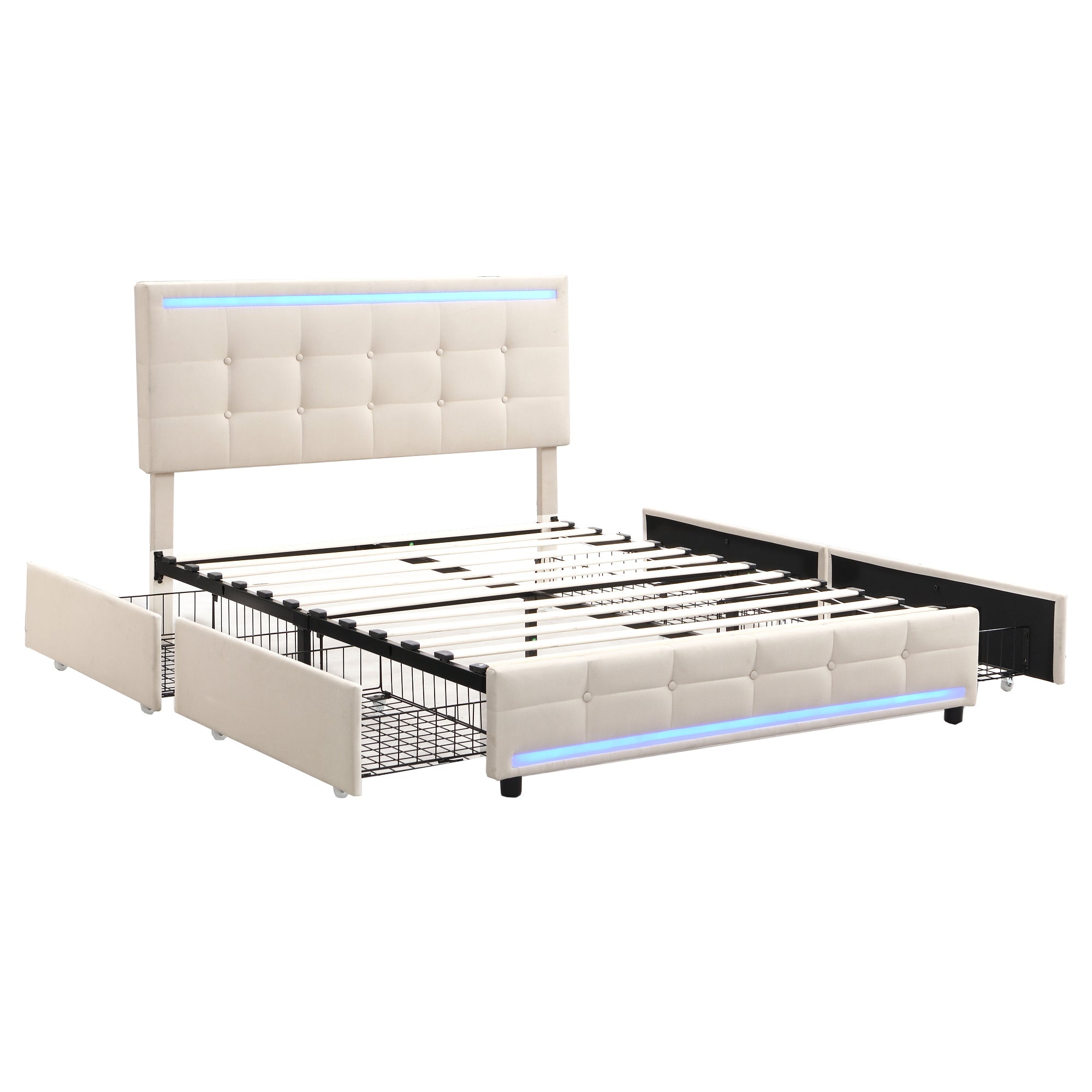 Logidon gestoffeerd bed 140x200 beige met LED-verlichting, 4 lades, USB