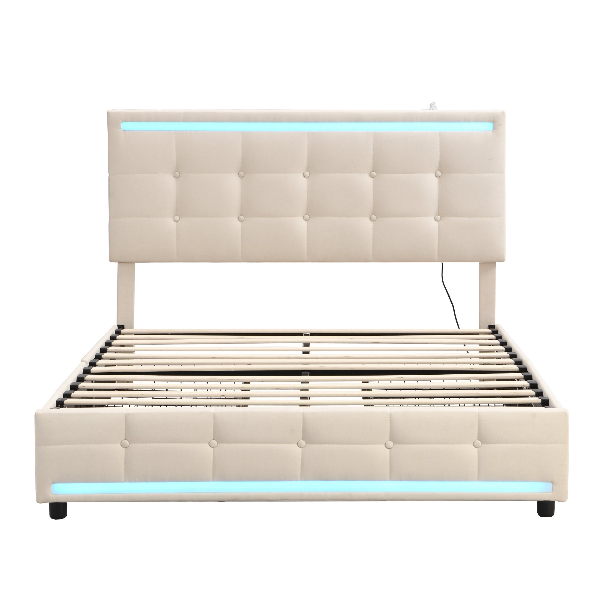 Logidon gestoffeerd bed 140x200 beige met LED-verlichting, 4 lades, USB