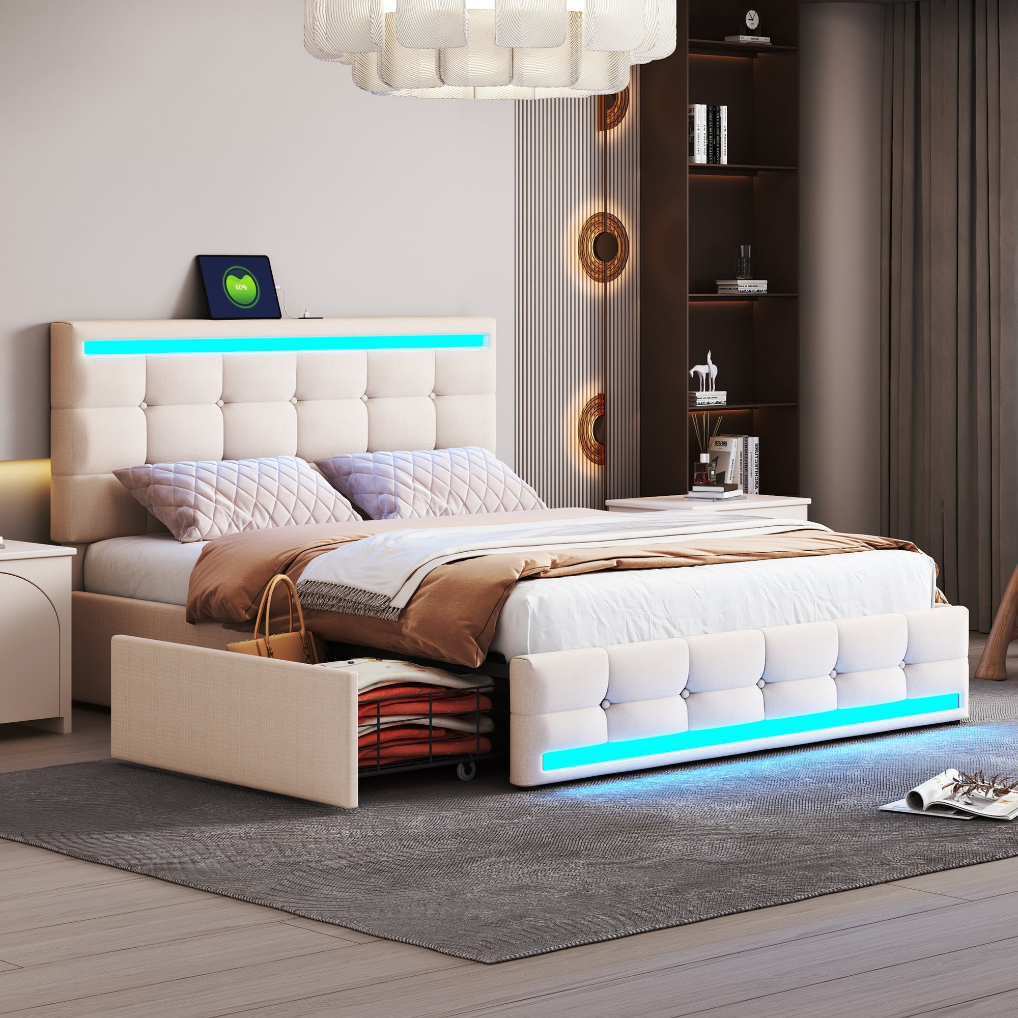 Logidon gestoffeerd bed 140x200 beige met LED-verlichting, 4 lades, USB