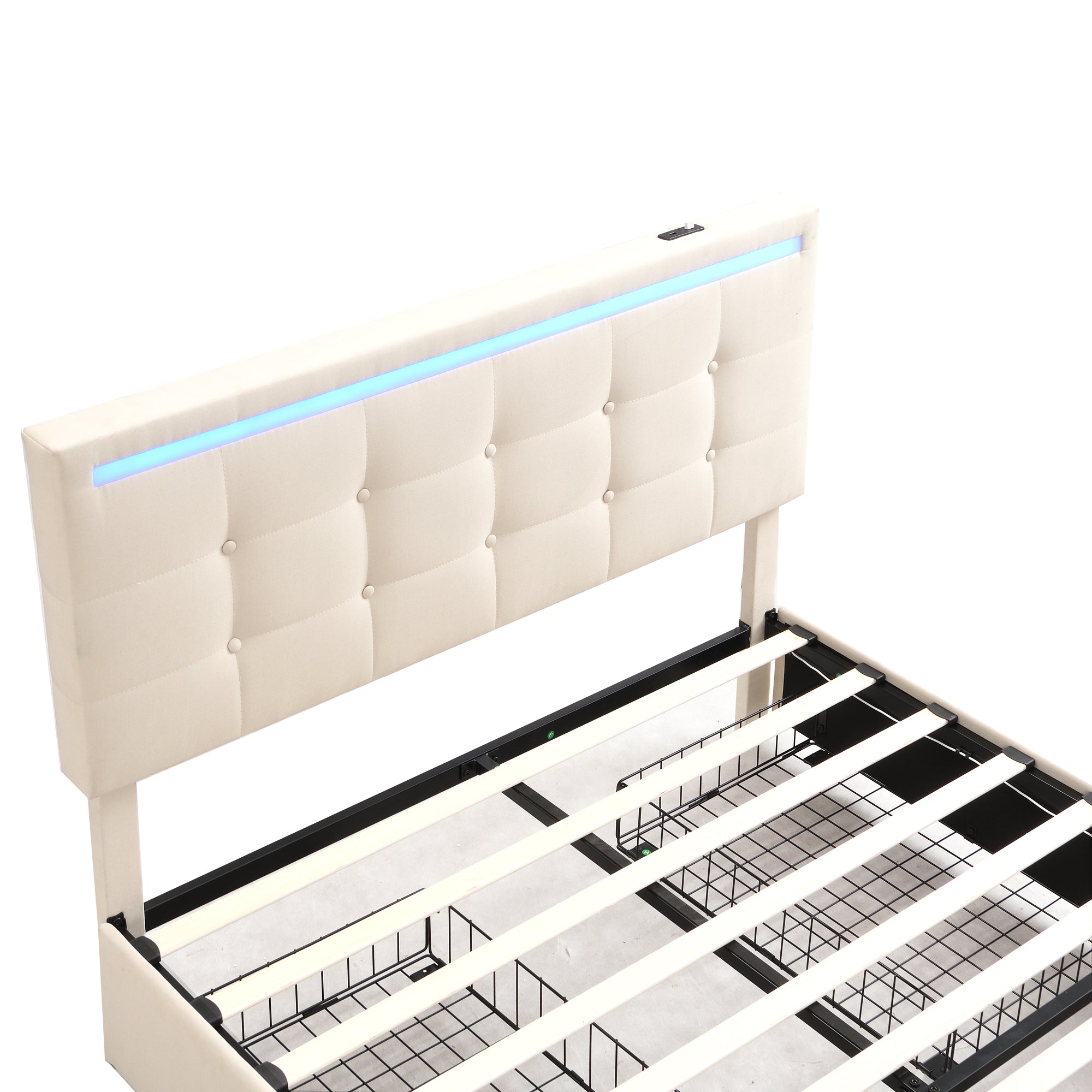 Logidon gestoffeerd bed 140x200 beige met LED-verlichting, 4 lades, USB