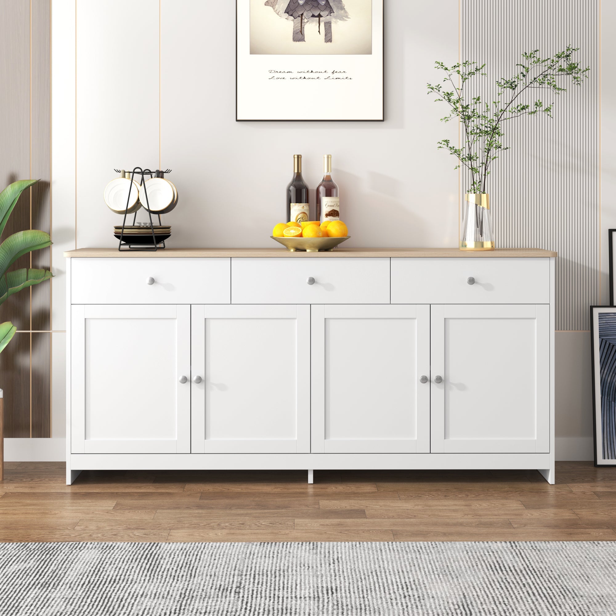 Logidon Sideboard 160 cm White Wood Grain Four Doors Three Drawers