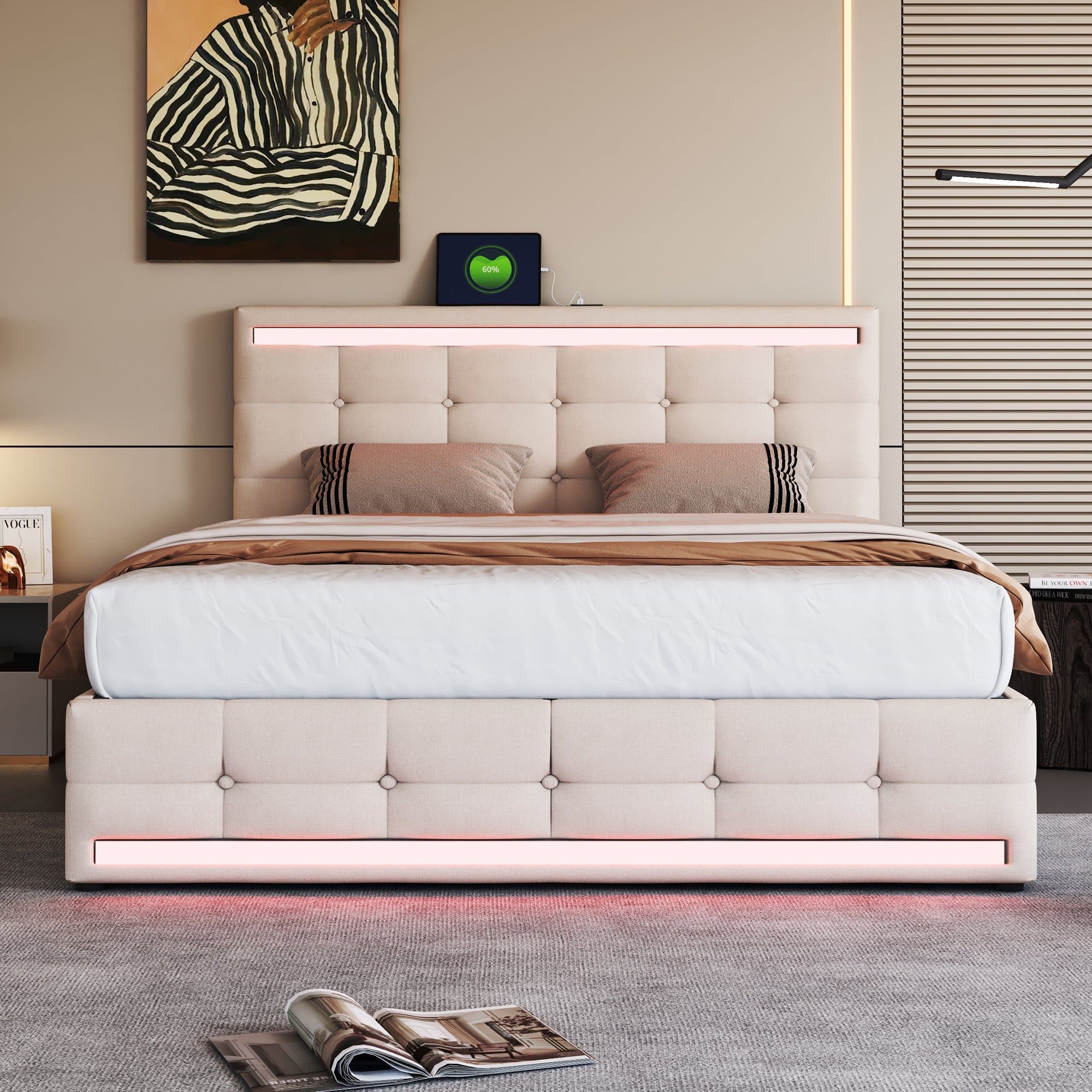 Logidon gestoffeerd bed 140x200 beige met LED-verlichting, 4 lades, USB