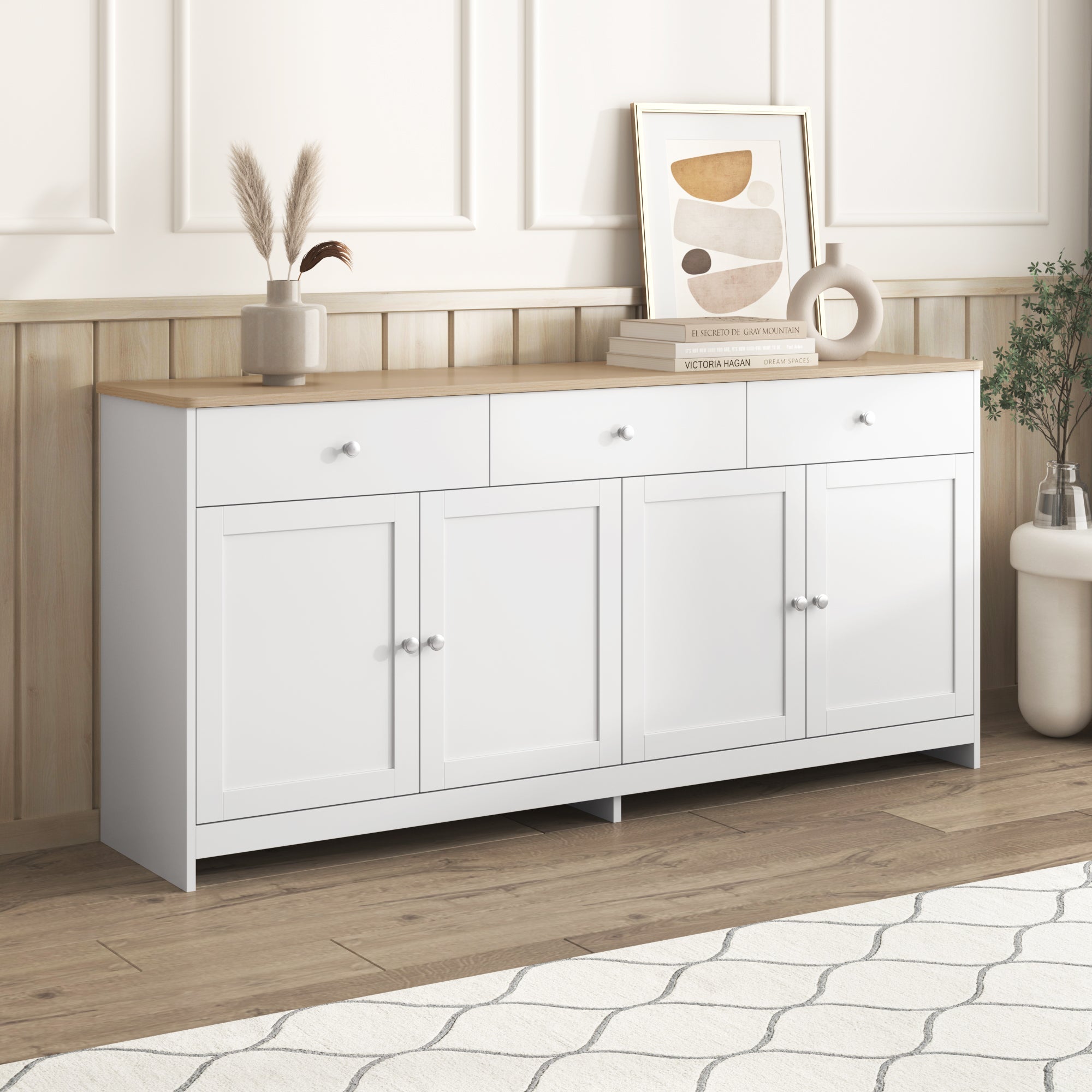 Logidon Sideboard 160 cm White Wood Grain Four Doors Three Drawers