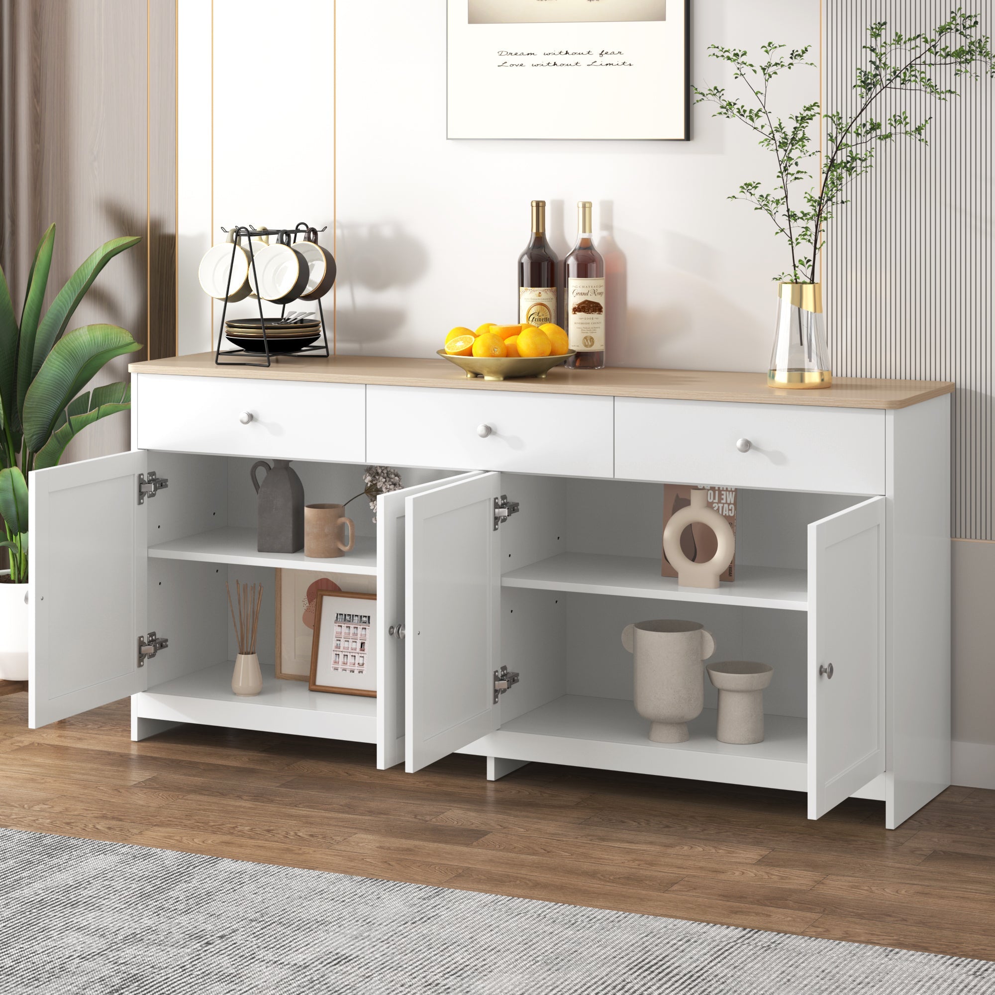 Logidon Sideboard 160 cm White Wood Grain Four Doors Three Drawers