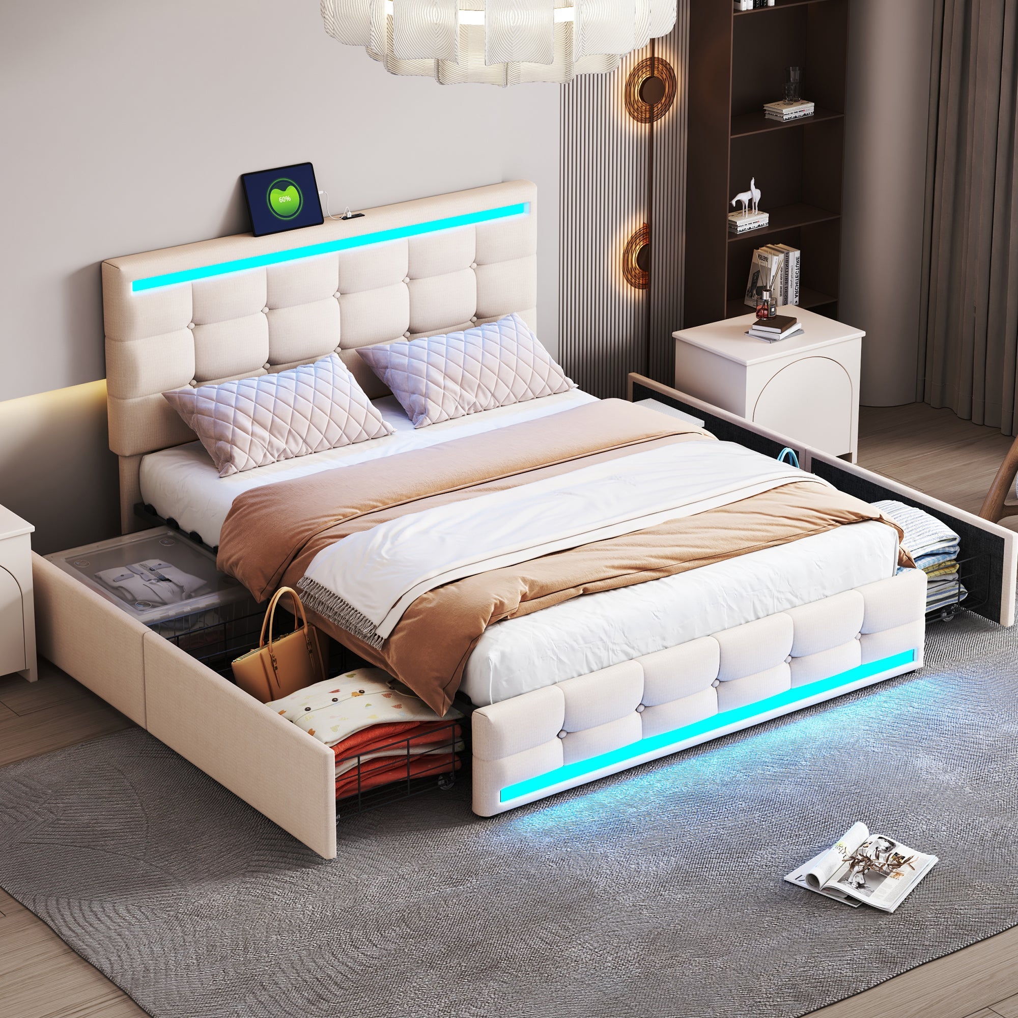 Logidon gestoffeerd bed 140x200 beige met LED-verlichting, 4 lades, USB
