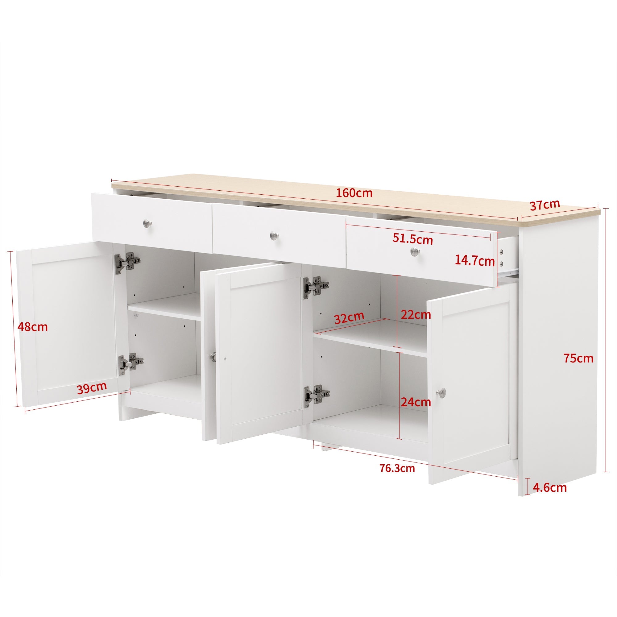 Logidon Dressoir 160 cm, witte houtnerf, vier deuren en drie lades