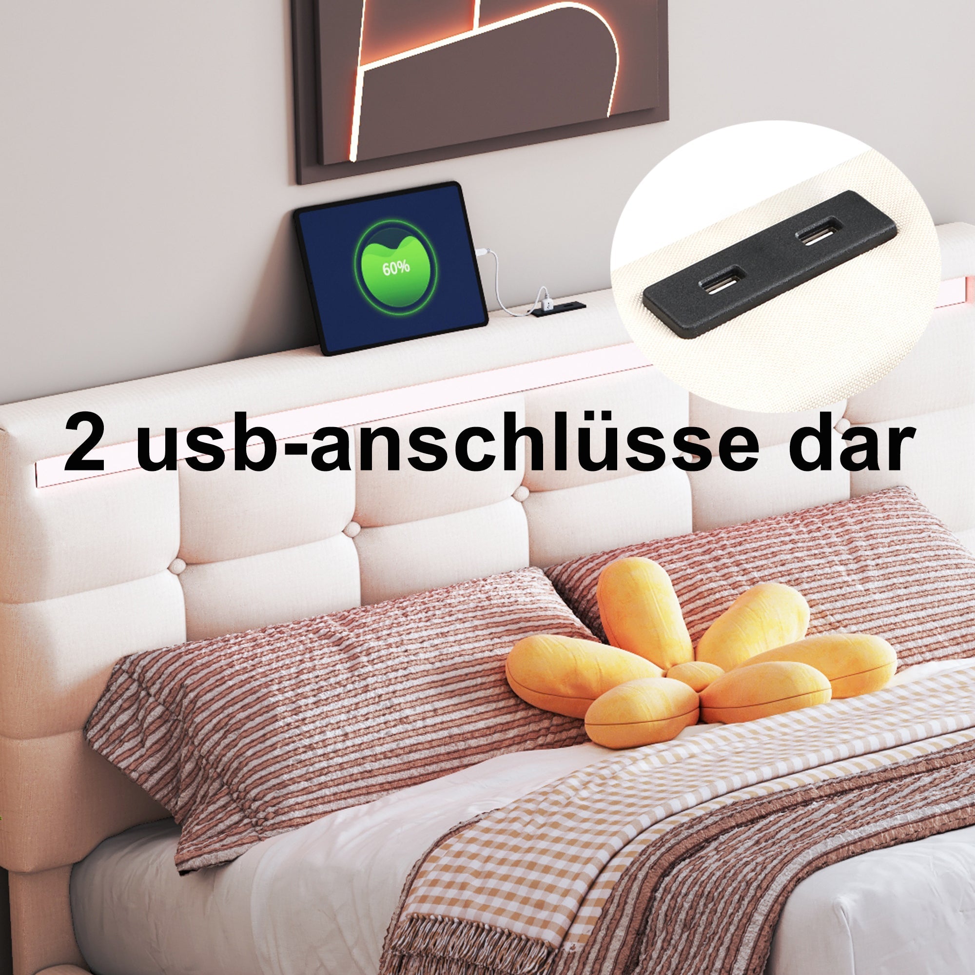 Logidon gestoffeerd bed 140x200 beige met LED-verlichting, 4 lades, USB