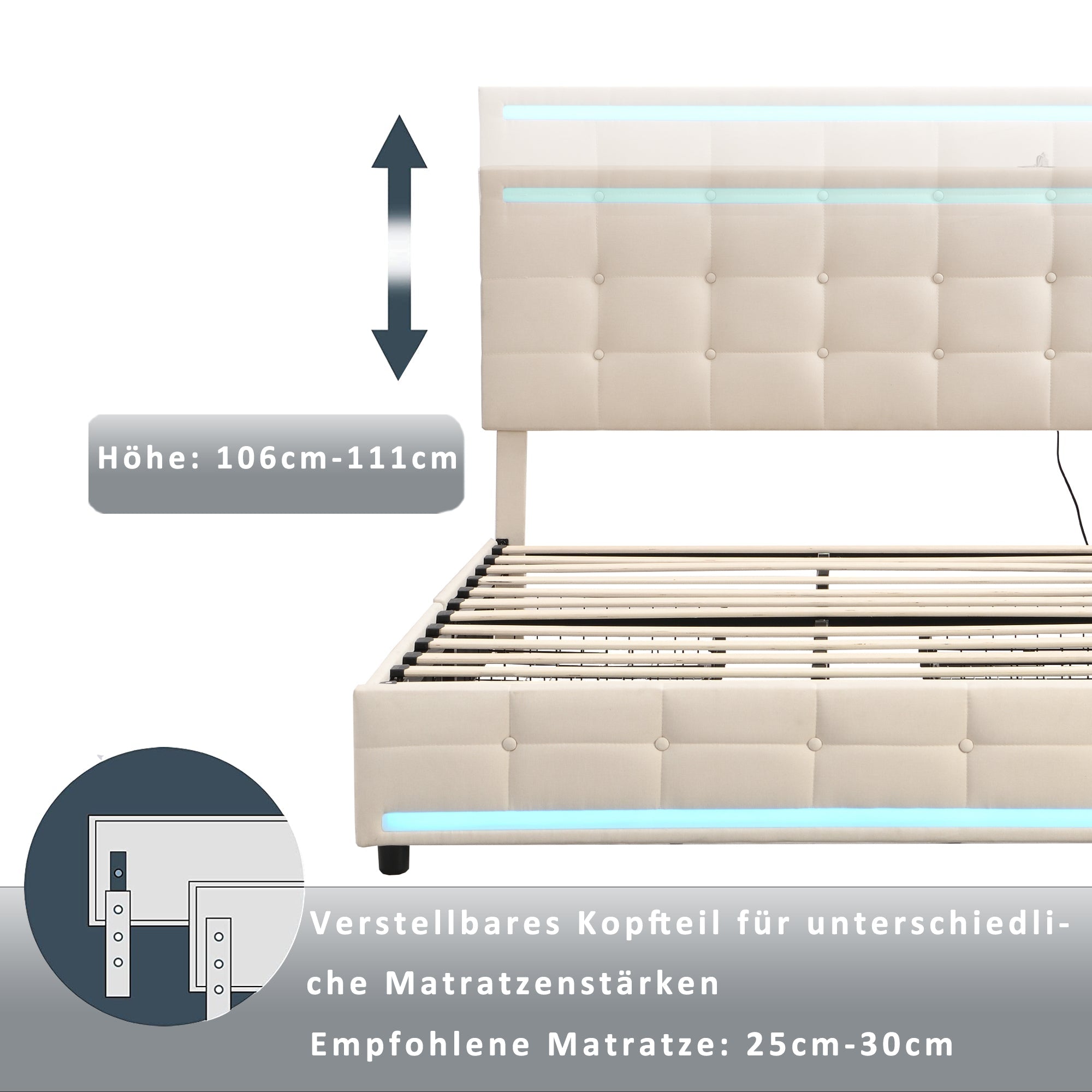 Logidon gestoffeerd bed 140x200 beige met LED-verlichting, 4 lades, USB