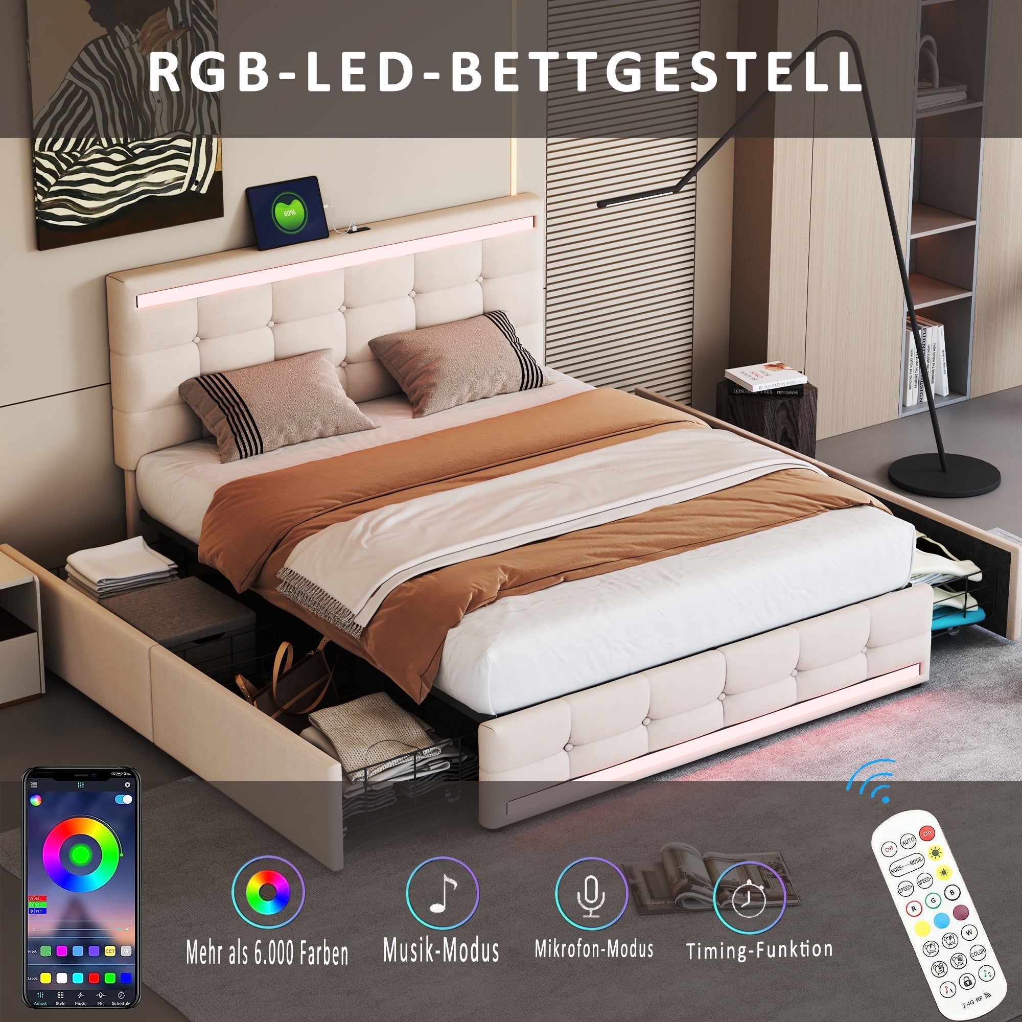 Logidon gestoffeerd bed 140x200 beige met LED-verlichting, 4 lades, USB