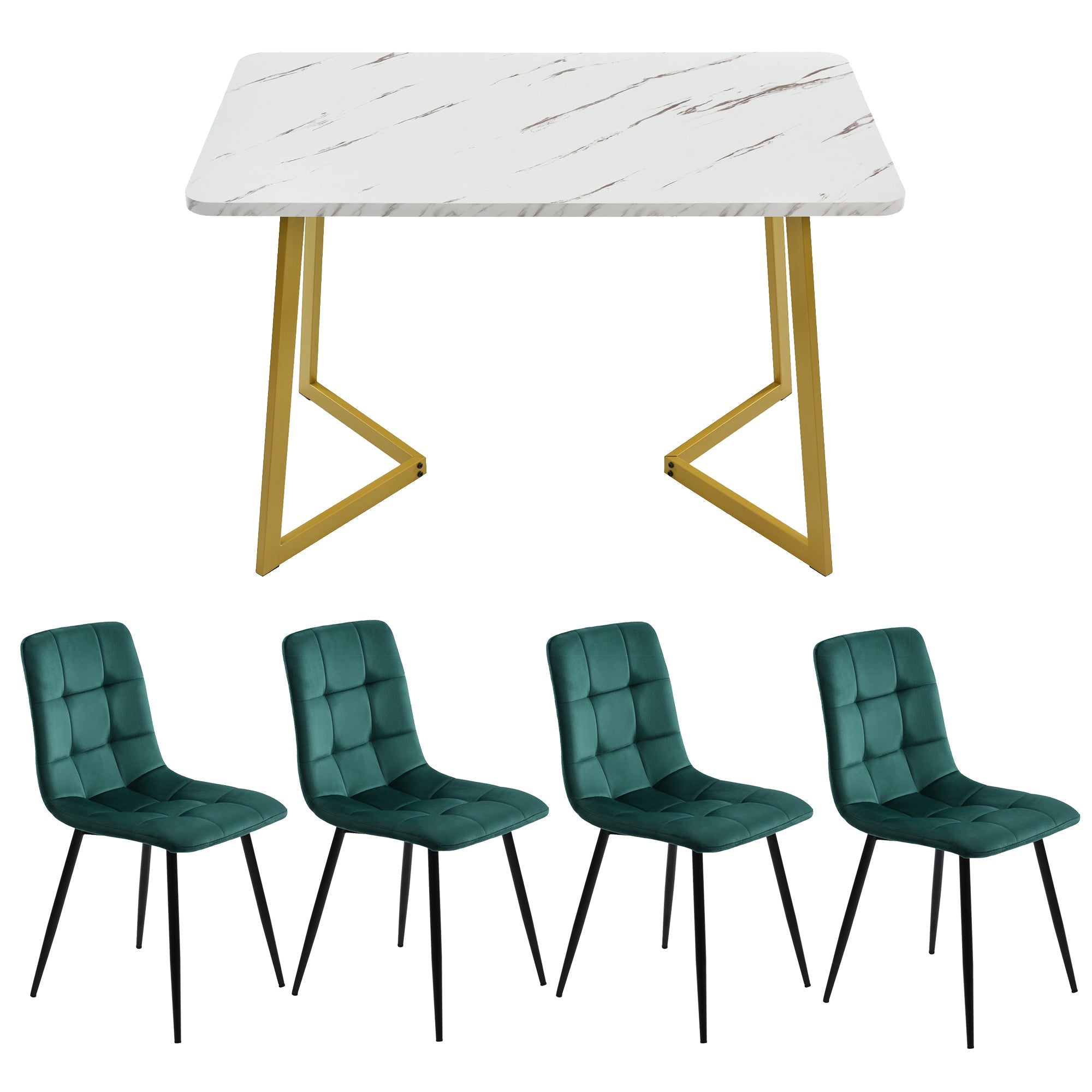 Logidon 117 cm eettafelset donkergroene fluwelen stoelen met gouden poten