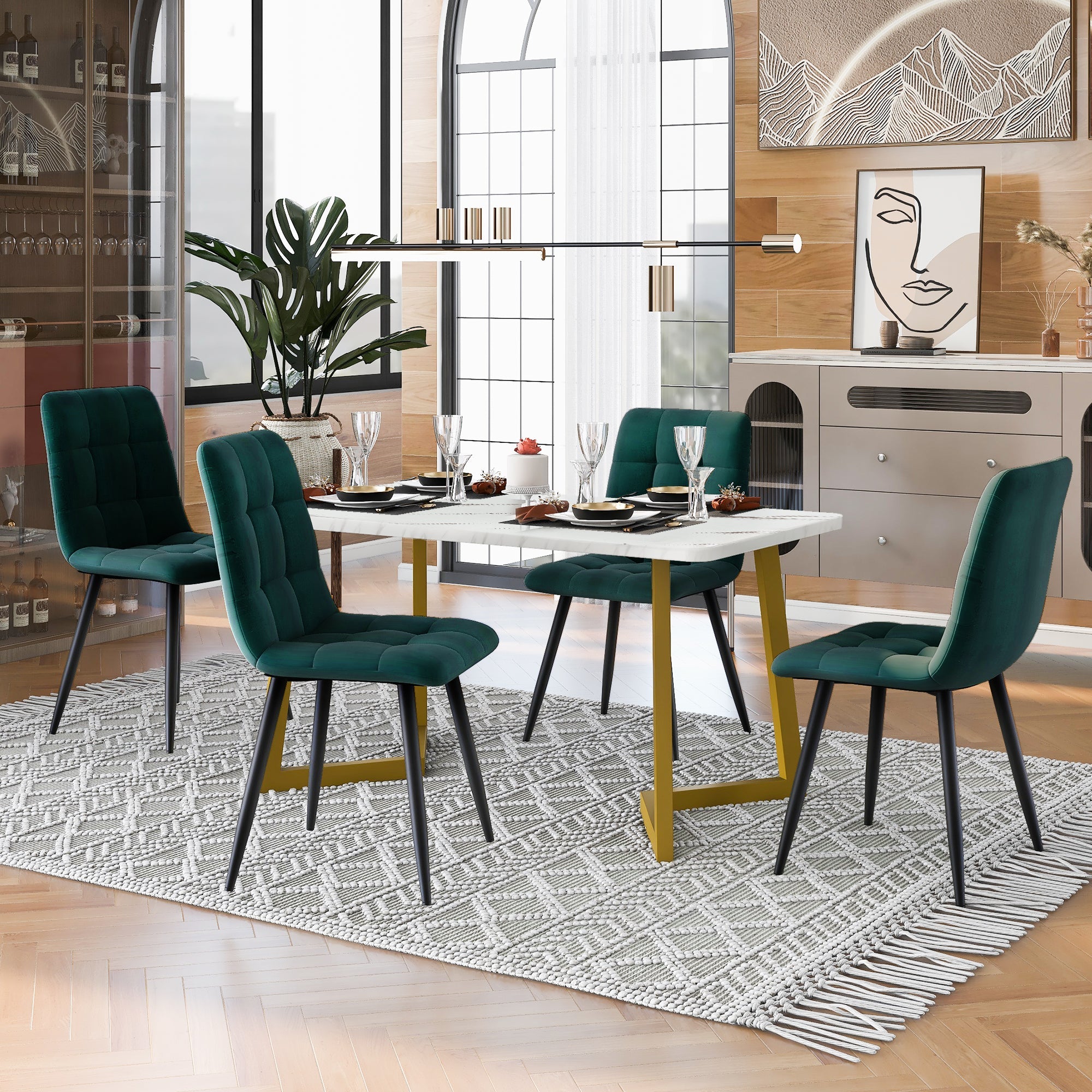 Logidon 117 cm eettafelset donkergroene fluwelen stoelen met gouden poten