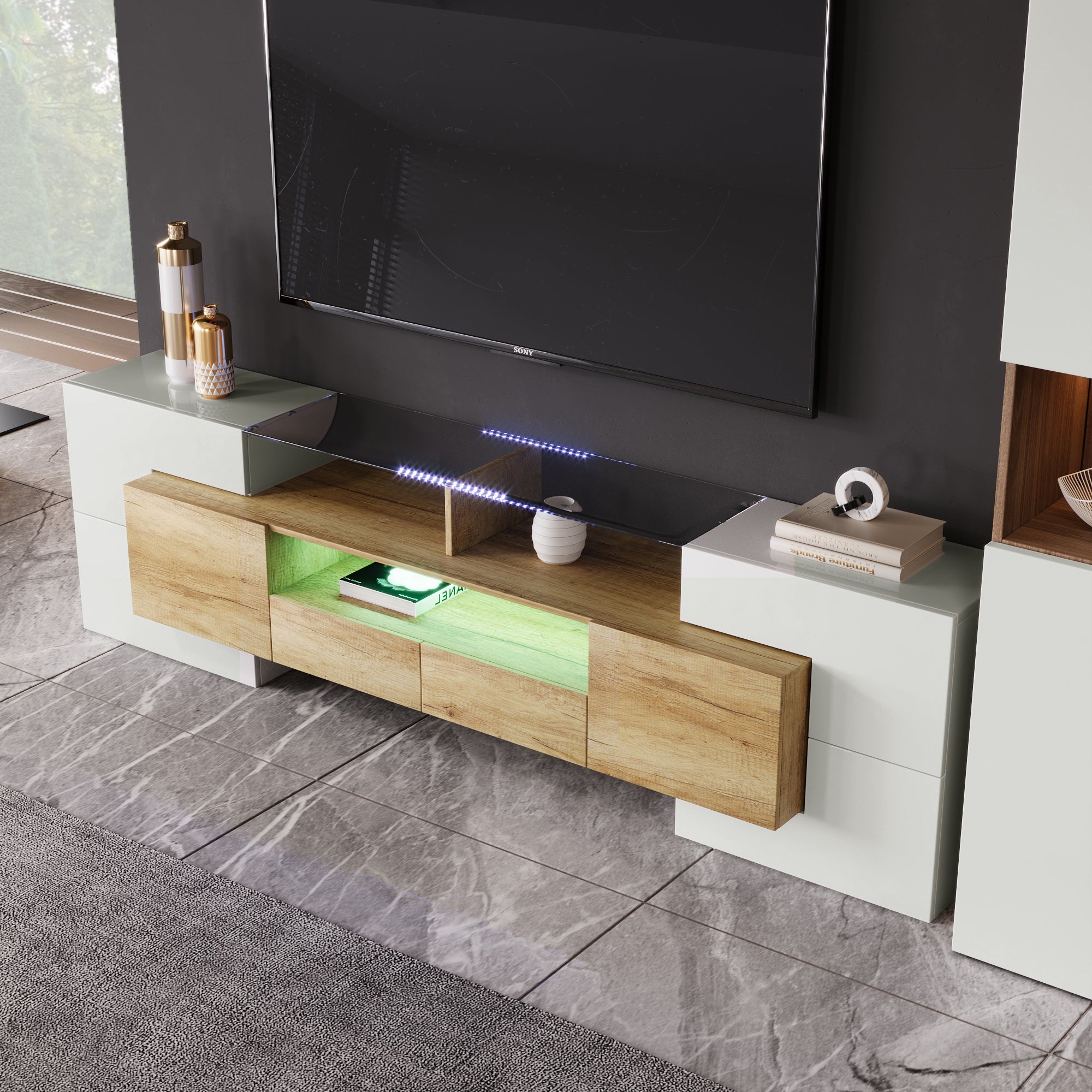 Logidon TV-meubel 200 cm wit hoogglans met LED-verlichting