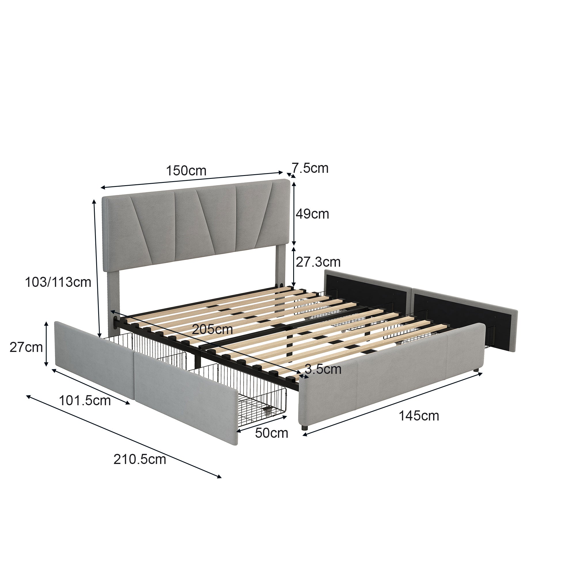 Logidon gestoffeerd bed grijs 140x200 met 4 lades verstelbaar hoofdeinde