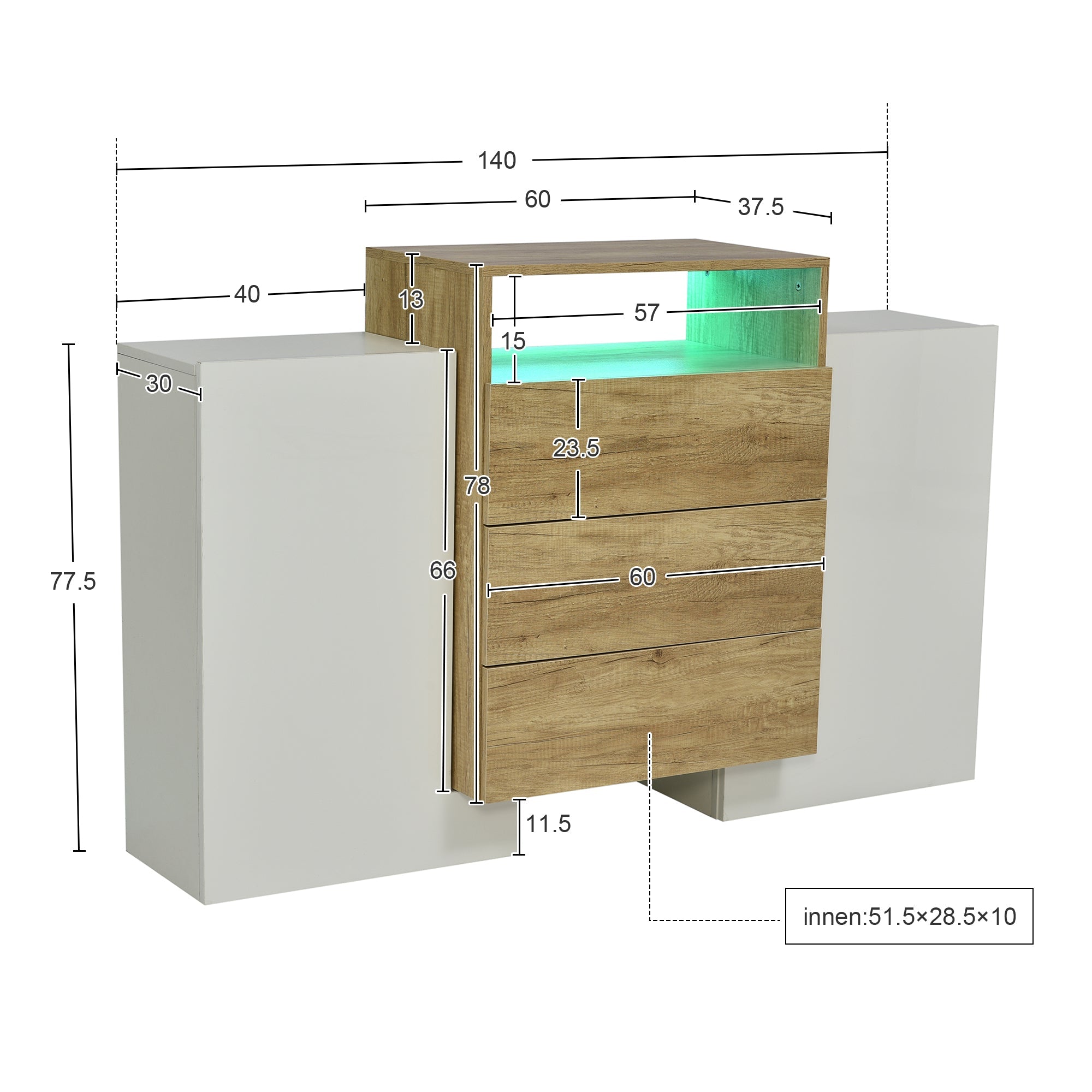 Logidon dressoir 140 cm moderne ladekast met veelkleurig LED-licht