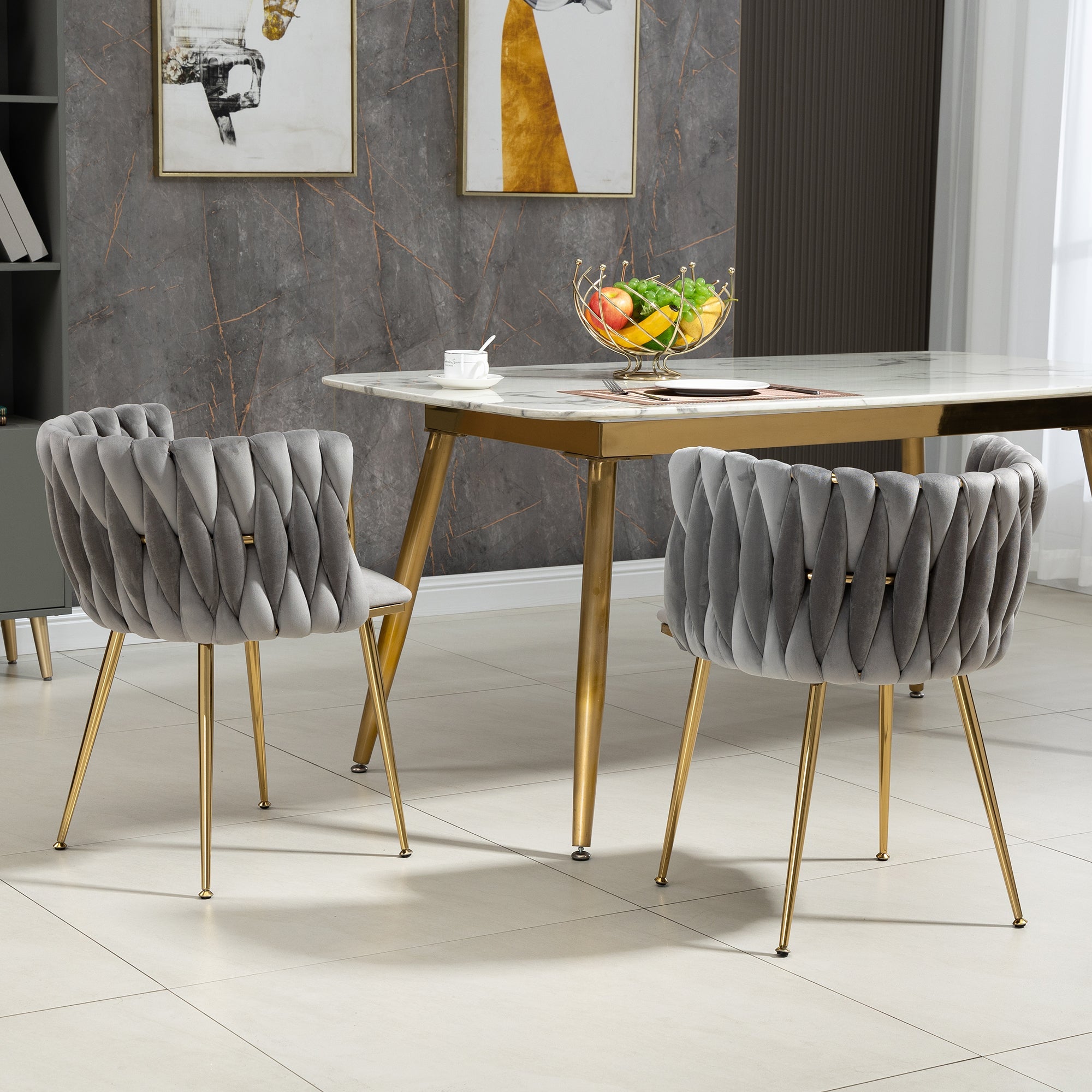 Logidon Luxe Velvet Eetkamerstoelenset Grijs Set van 2 met Gouden Poten