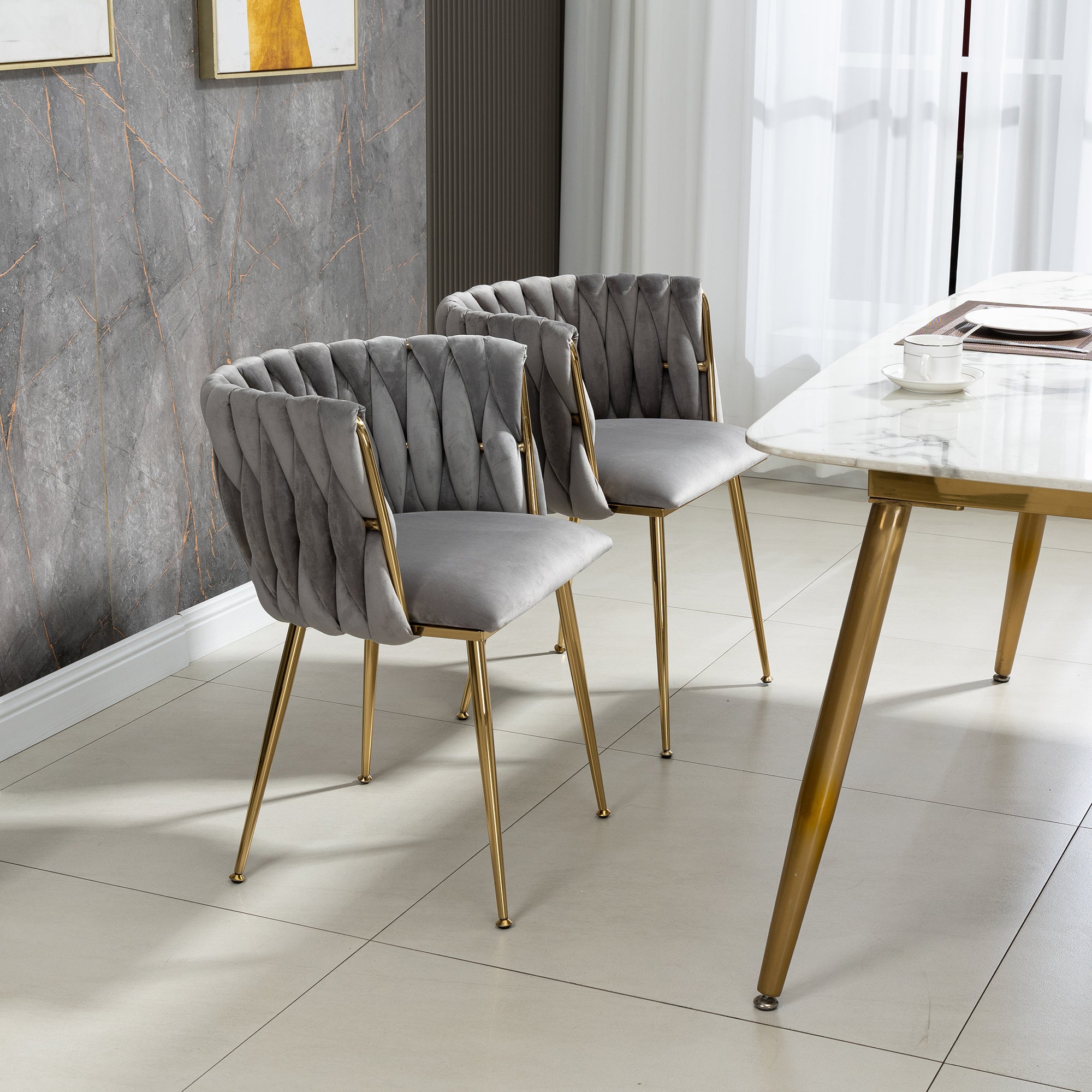 Logidon Luxe Velvet Eetkamerstoelenset Grijs Set van 2 met Gouden Poten