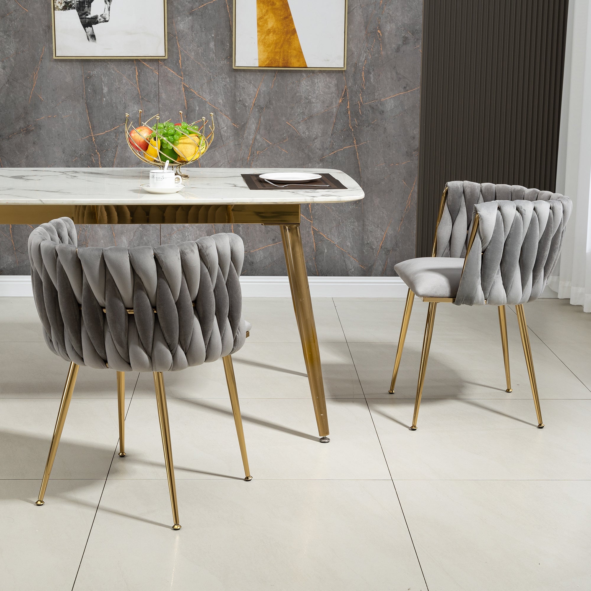 Logidon Luxe Velvet Eetkamerstoelenset Grijs Set van 2 met Gouden Poten