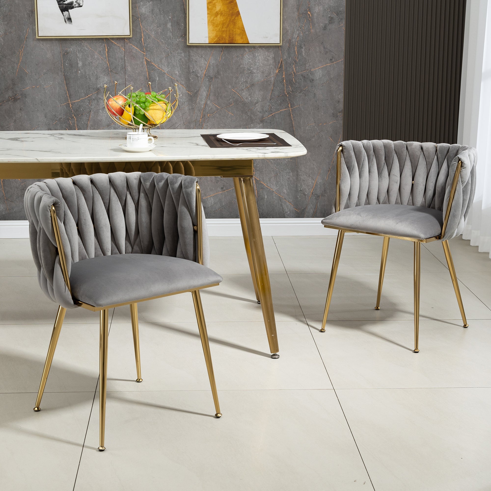 Logidon Luxe Velvet Eetkamerstoelenset Grijs Set van 2 met Gouden Poten