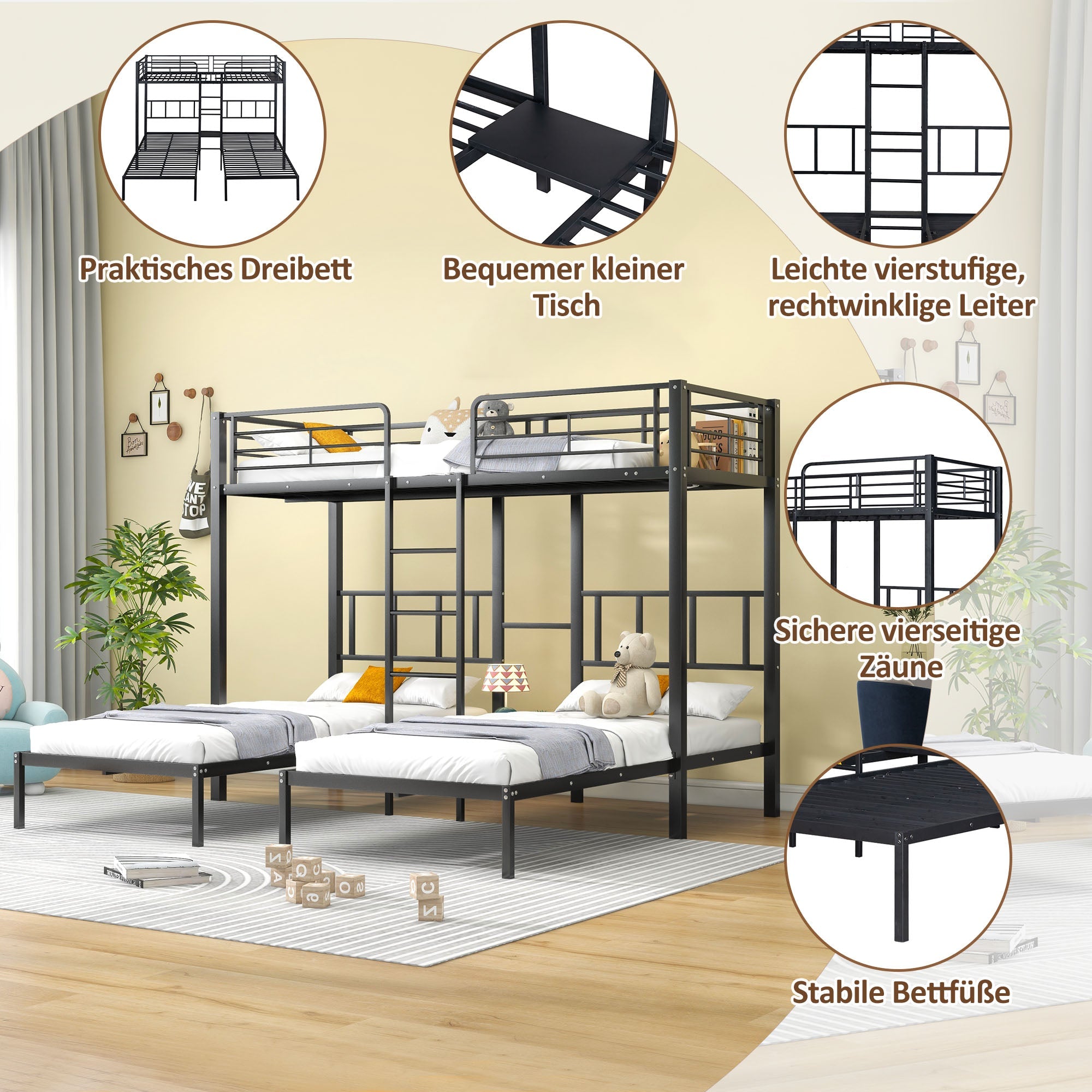 Logidon 3-persoons stapelbed met laddertafel Zwart 90x200