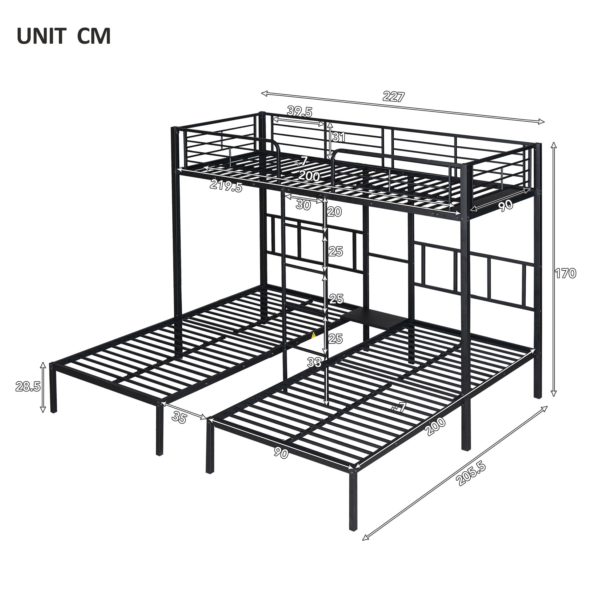 Logidon 3-persoons stapelbed met laddertafel Zwart 90x200