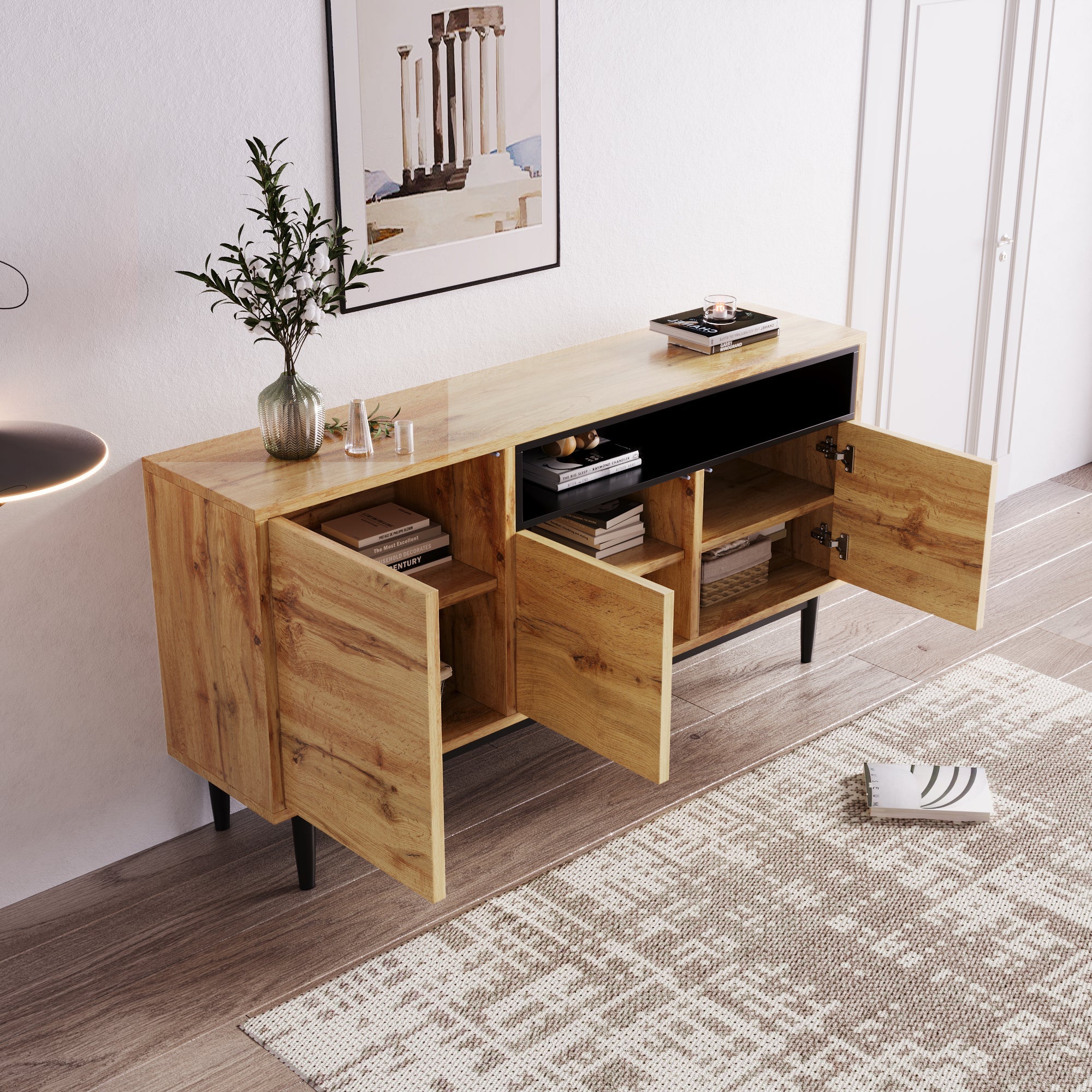 Logidon Modern Sideboard Natural Wood MDF With Three Doors 160x35x76 cm