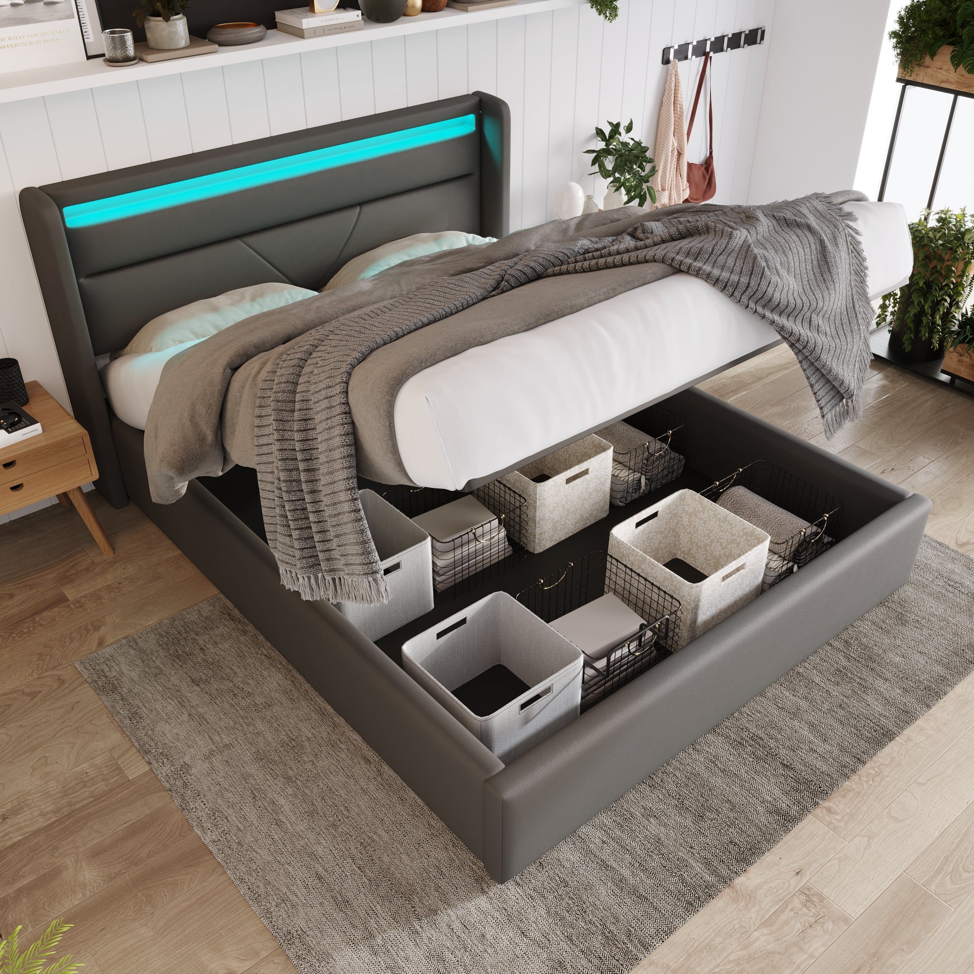 Logidon hydraulisch opbergbed 140x200 grijze LED-verlichting