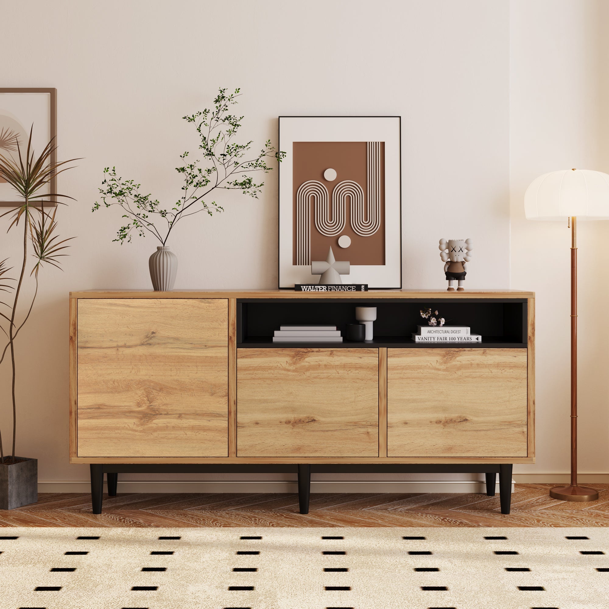 Logidon Modern Sideboard Natural Wood MDF With Three Doors 160x35x76 cm