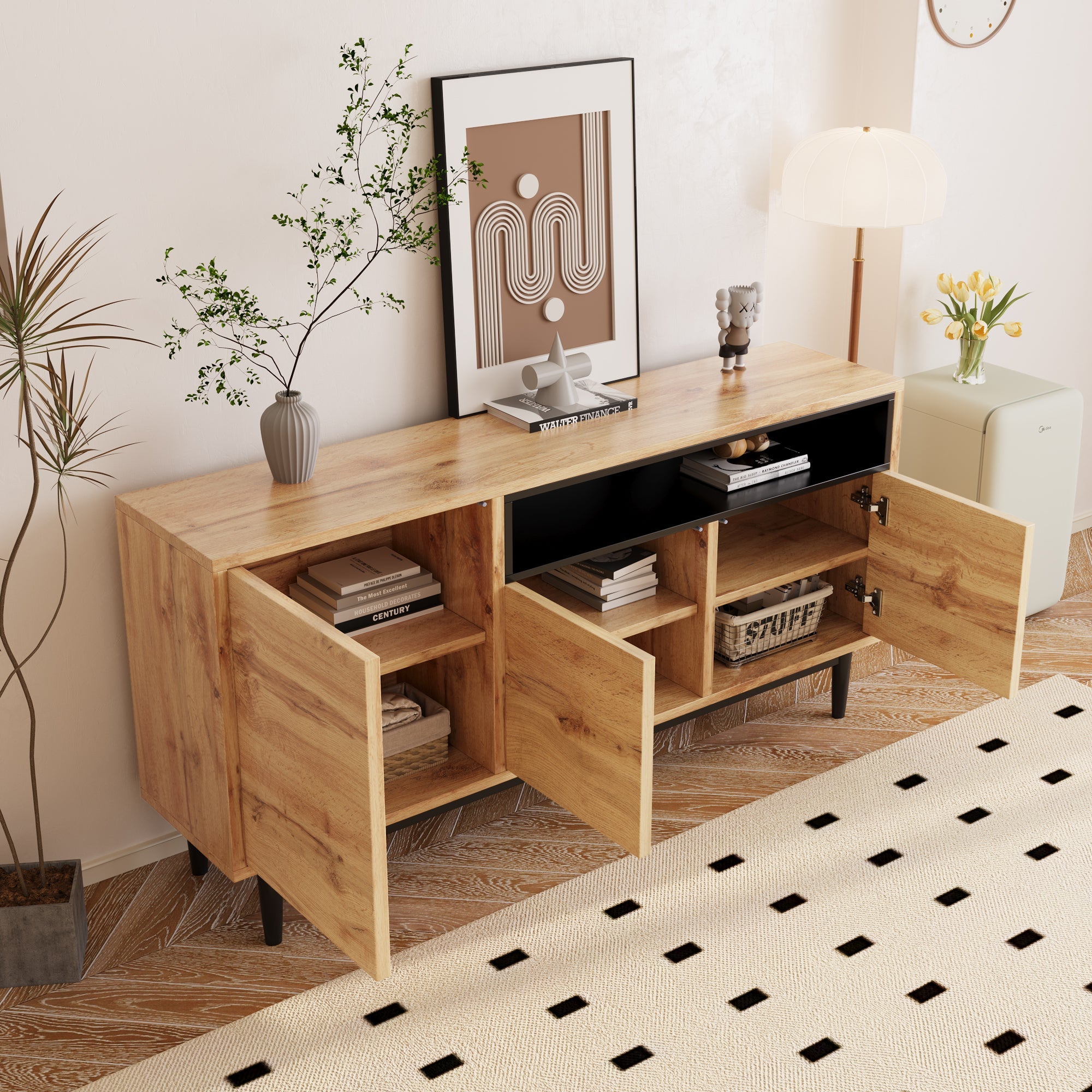 Logidon Modern Sideboard Natural Wood MDF With Three Doors 160x35x76 cm