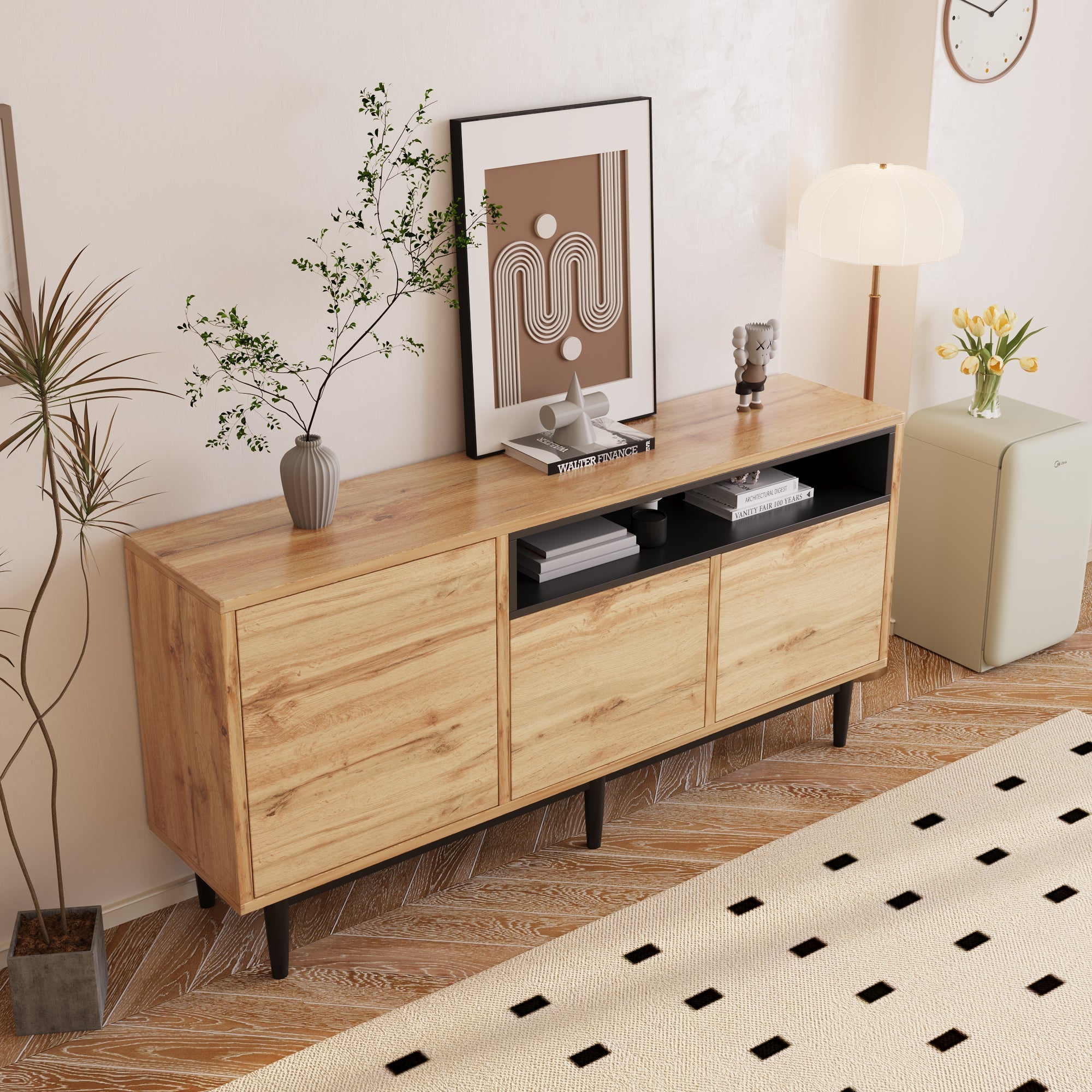 Logidon Modern Sideboard Natural Wood MDF With Three Doors 160x35x76 cm