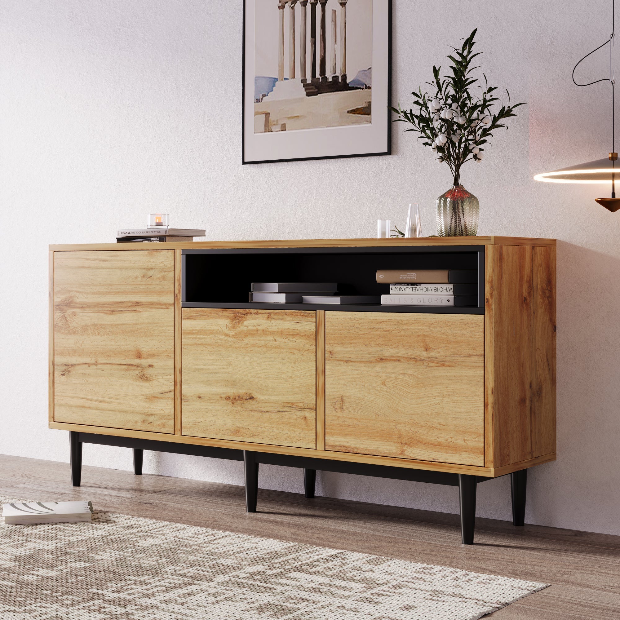 Logidon Modern Sideboard Natural Wood MDF With Three Doors 160x35x76 cm