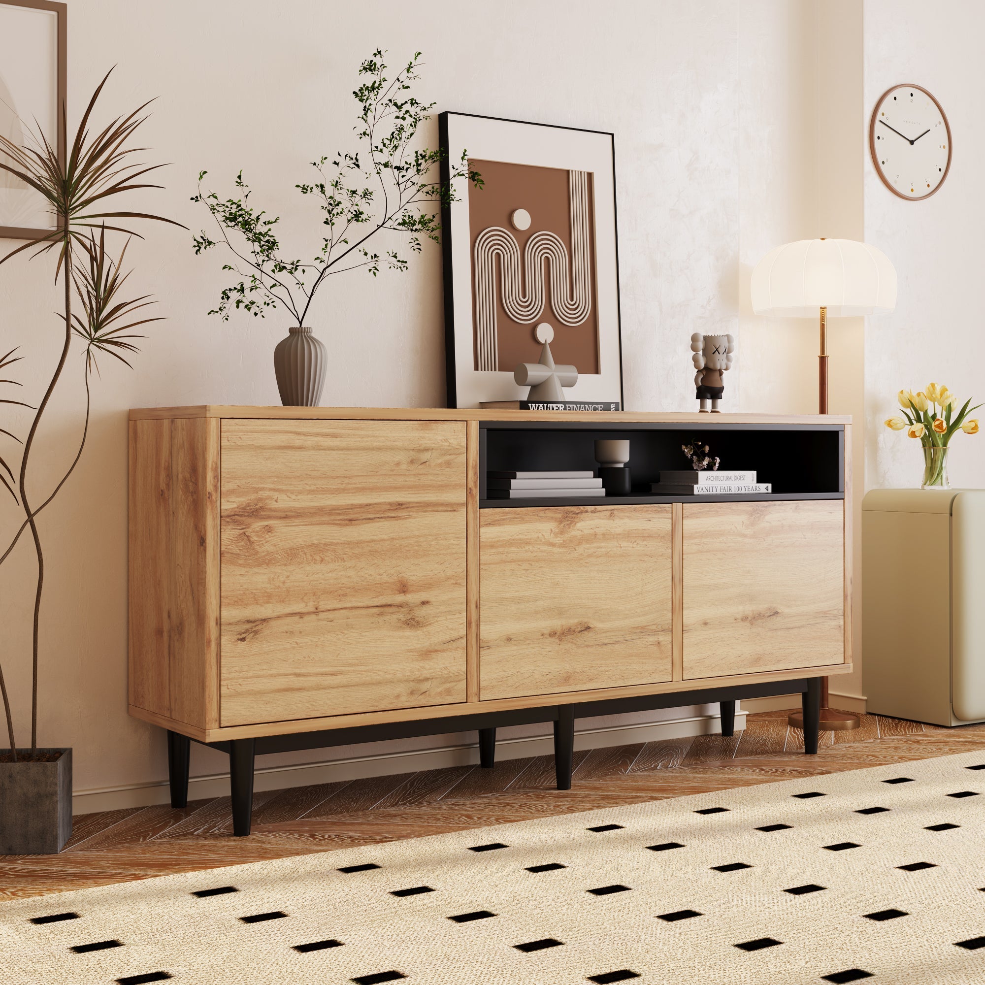 Logidon Modern Sideboard Natural Wood MDF With Three Doors 160x35x76 cm