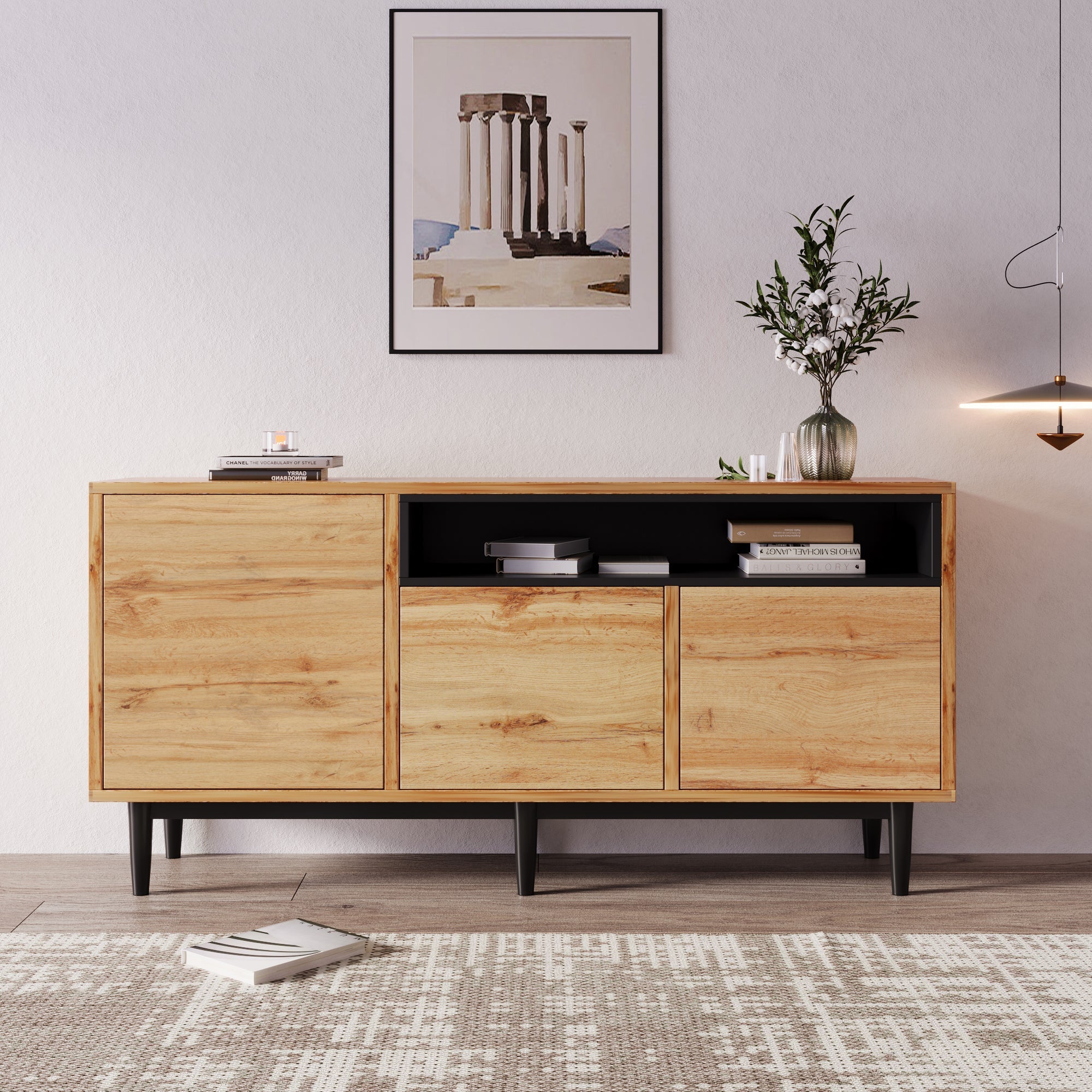 Logidon Modern Sideboard Natural Wood MDF With Three Doors 160x35x76 cm