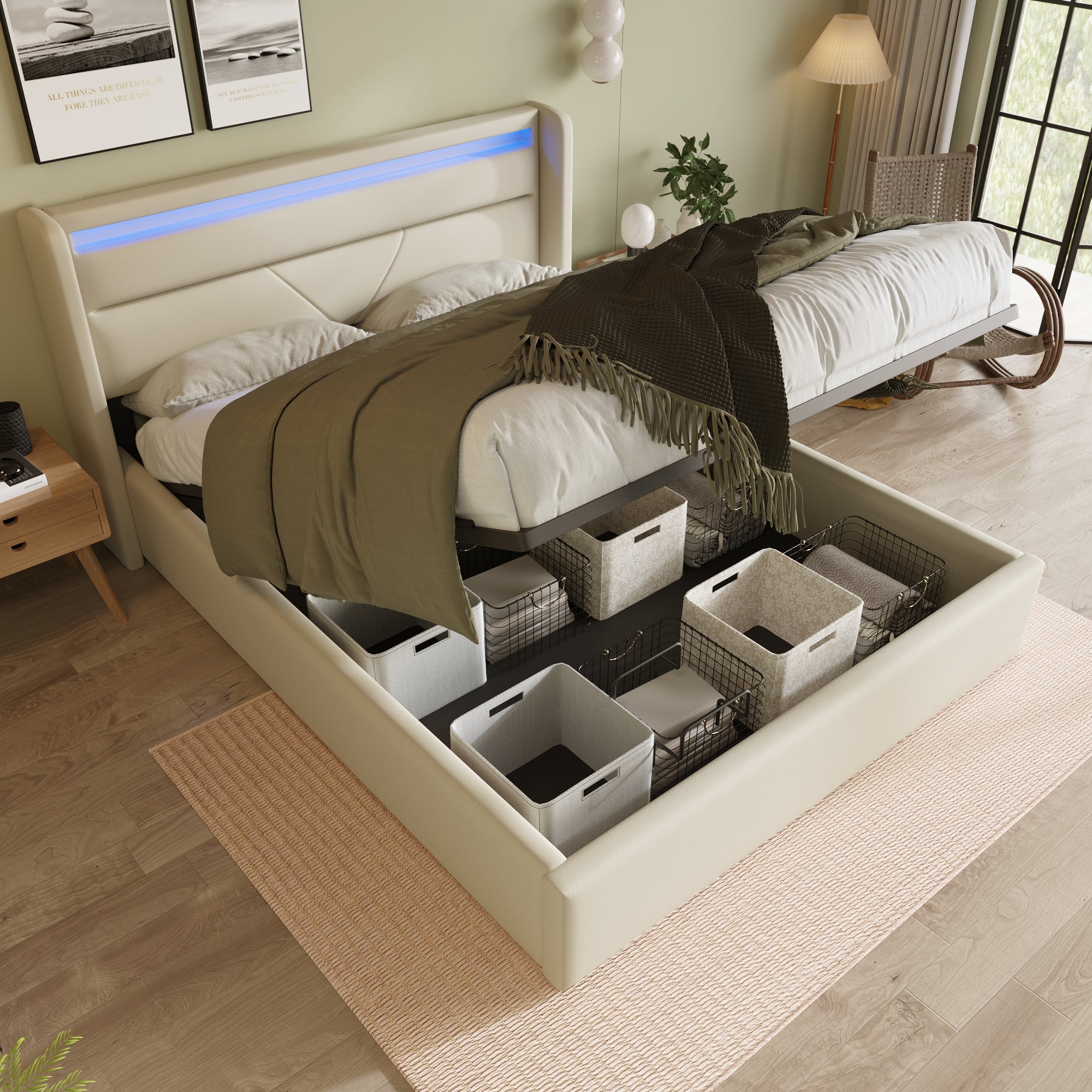 Logidon Hydraulisch Opbergbed 160x200 cm Wit Met LED Verlichting