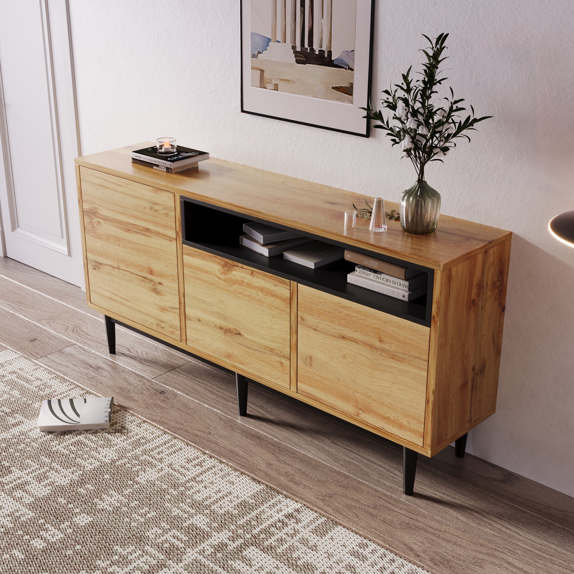 Logidon Modern Sideboard Natural Wood MDF With Three Doors 160x35x76 cm