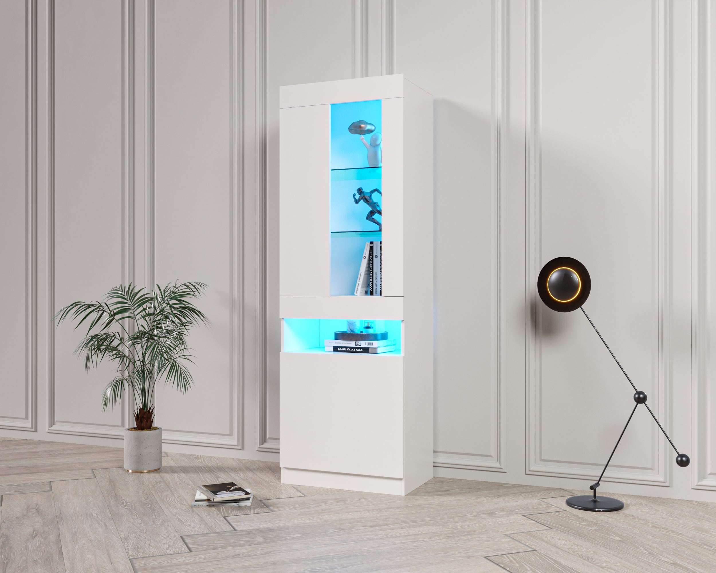 Logidon showcase with 16 colors LED lighting white standing showcase