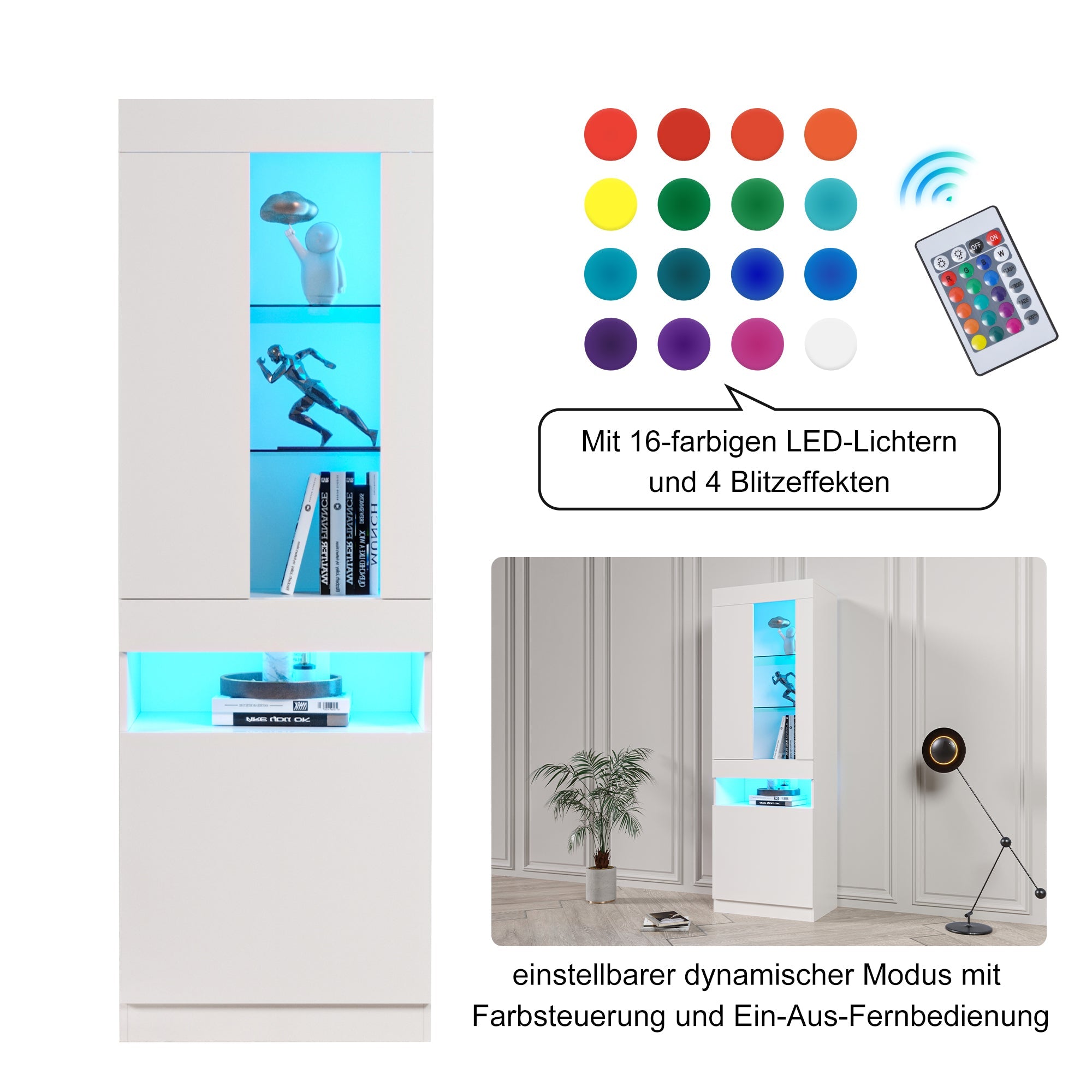 Logidon showcase with 16 colors LED lighting white standing showcase