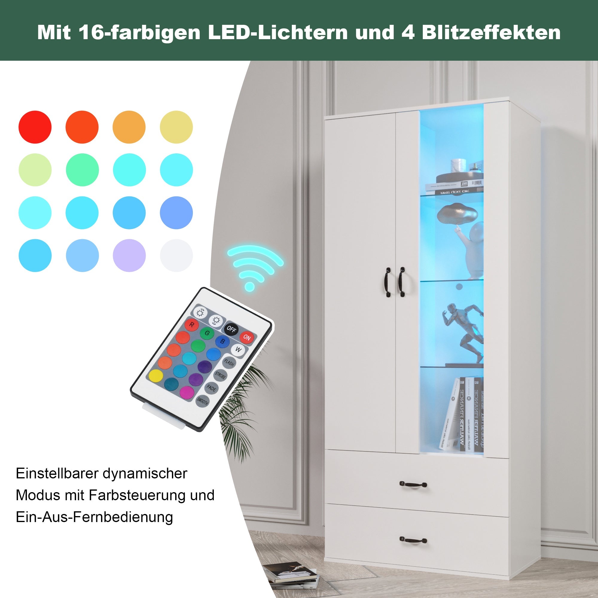 Logidon LED-vitrine wit, 16 kleuren, glazen deuren, 2 deuren, 2 lades