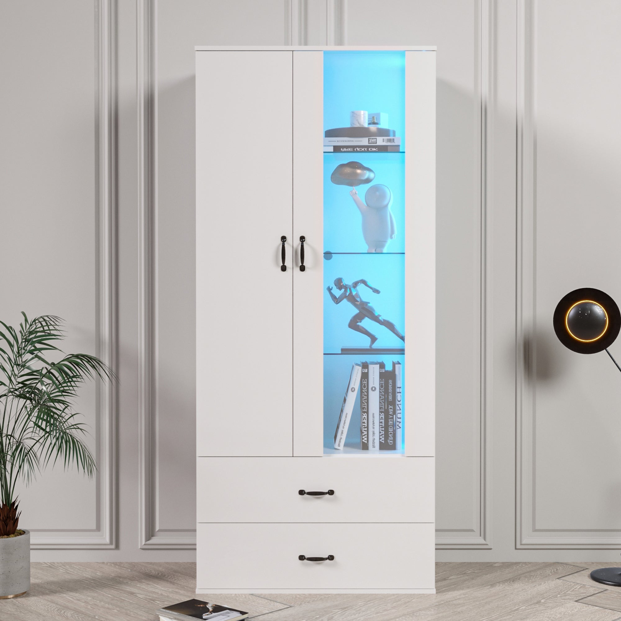 Logidon LED-vitrine wit, 16 kleuren, glazen deuren, 2 deuren, 2 lades