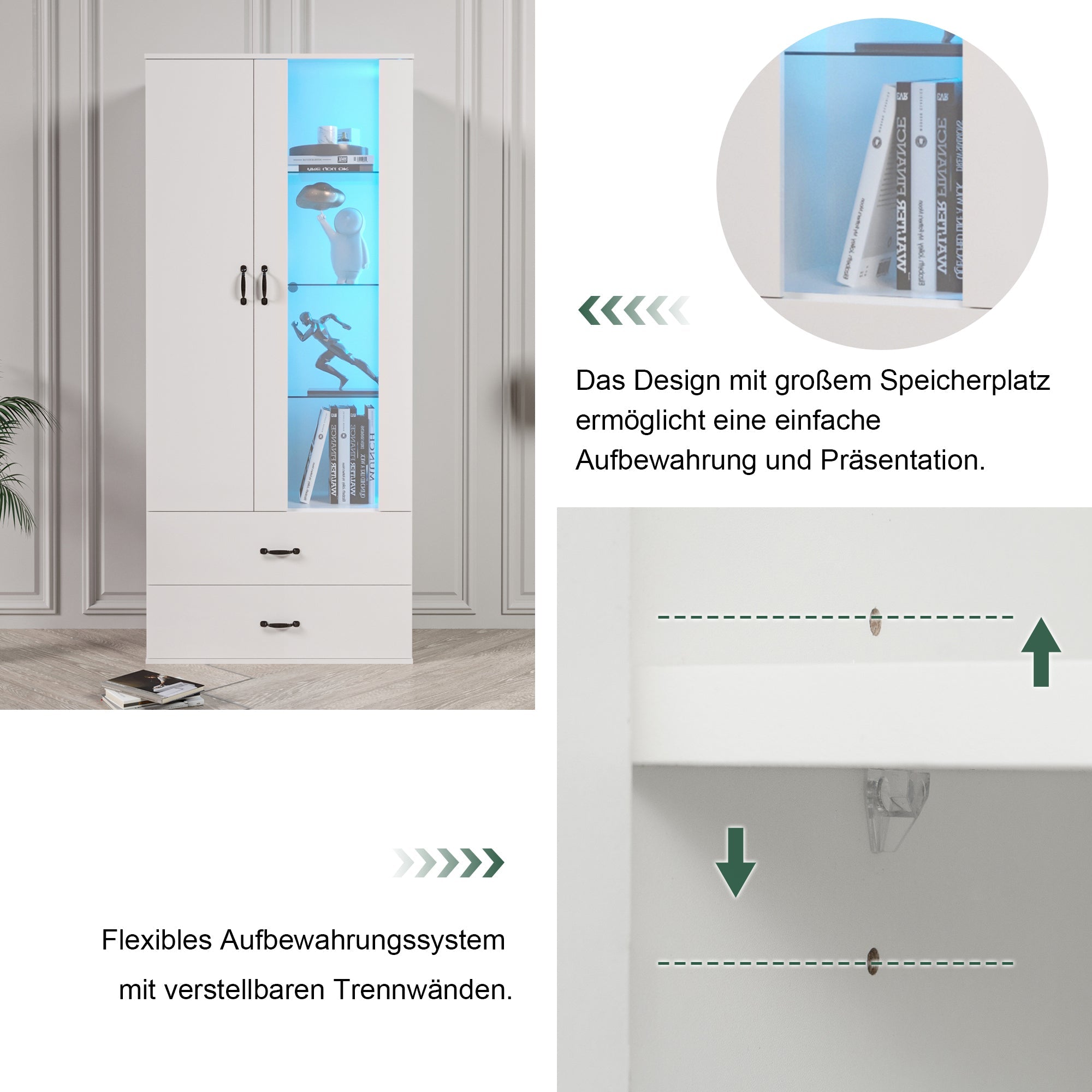Logidon LED-vitrine wit, 16 kleuren, glazen deuren, 2 deuren, 2 lades