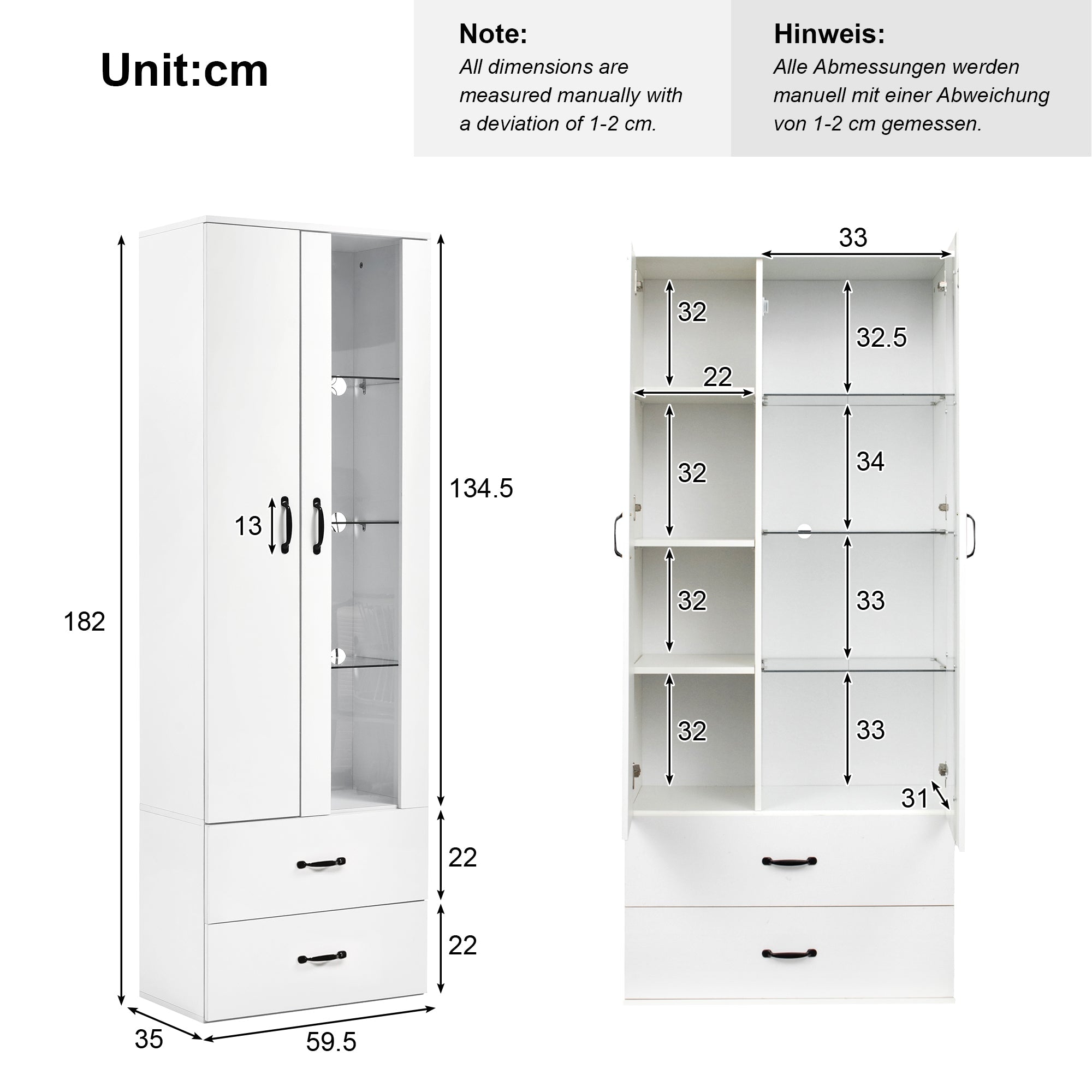 Logidon LED-vitrine wit, 16 kleuren, glazen deuren, 2 deuren, 2 lades