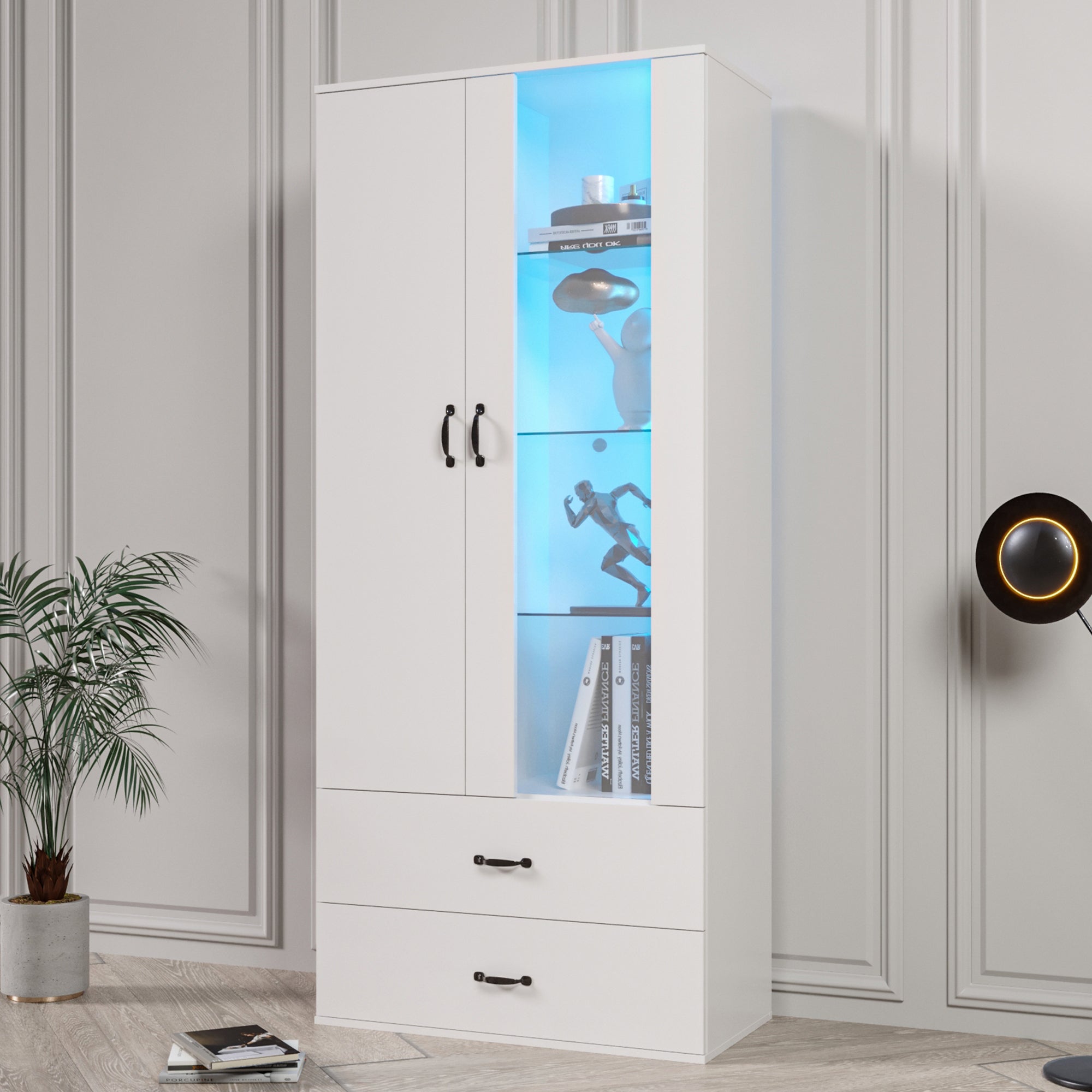 Logidon LED-vitrine wit, 16 kleuren, glazen deuren, 2 deuren, 2 lades