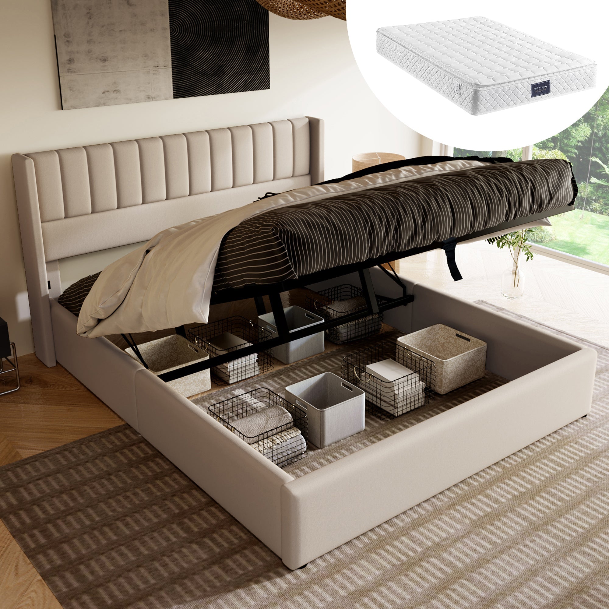 Logidon opbergbed gestoffeerd bed hydraulisch 140x200 beige linnen