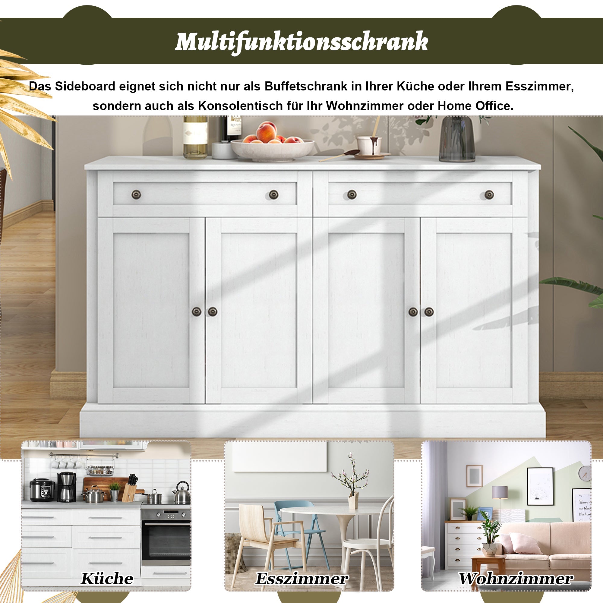 Logidon Groot dressoir 4 deuren 2 lades antiek wit 150x40x86 cm