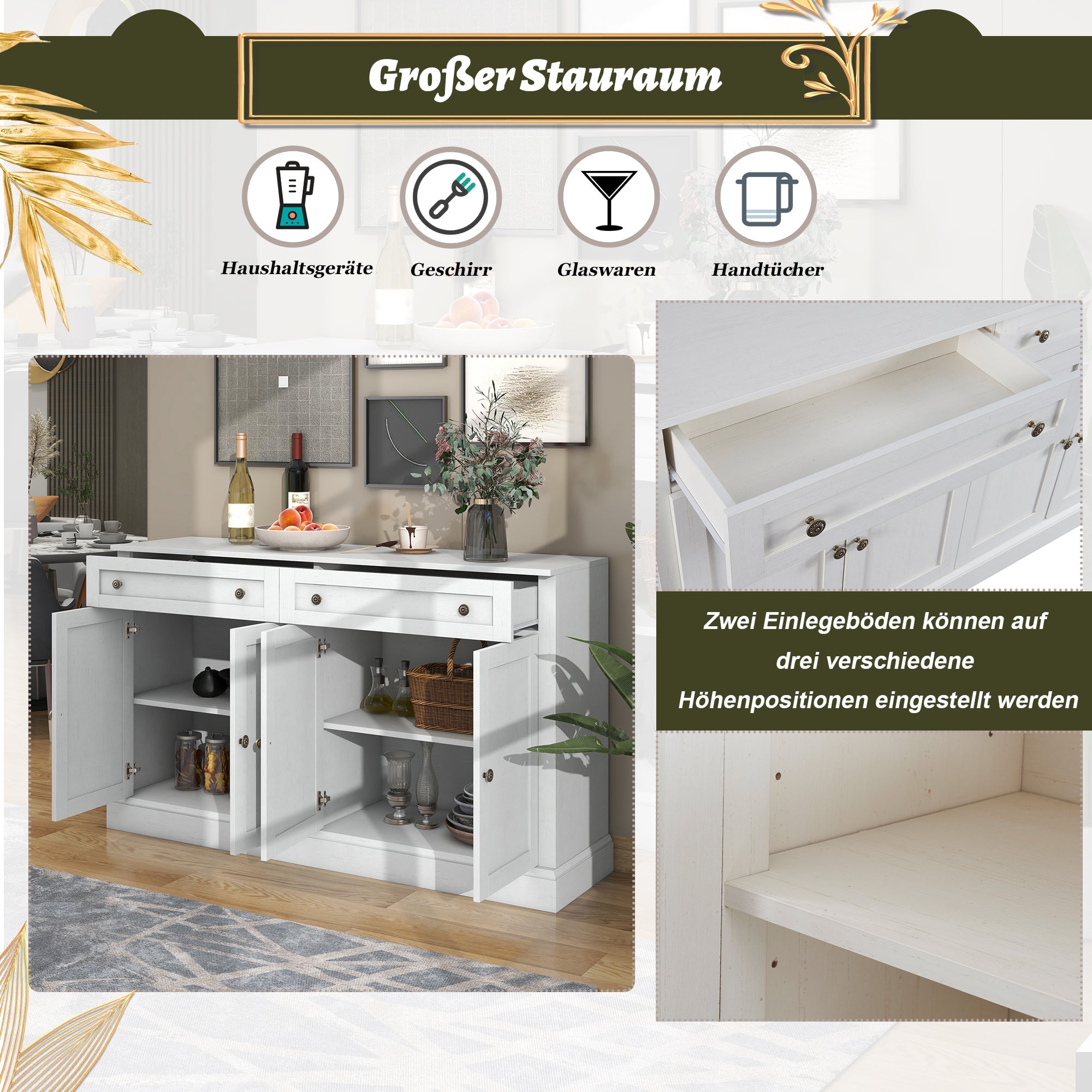 Logidon Groot dressoir 4 deuren 2 lades antiek wit 150x40x86 cm