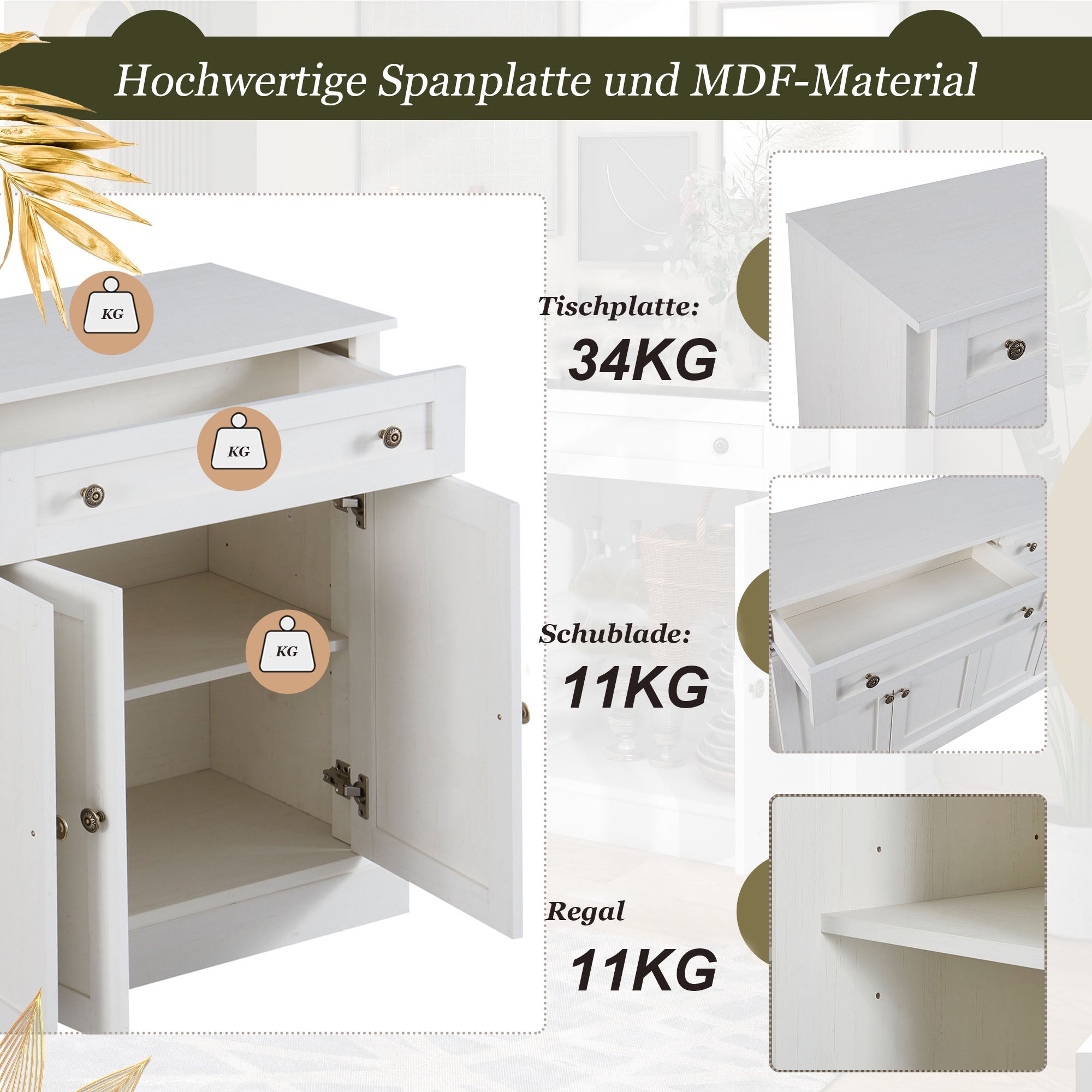 Logidon Groot dressoir 4 deuren 2 lades antiek wit 150x40x86 cm